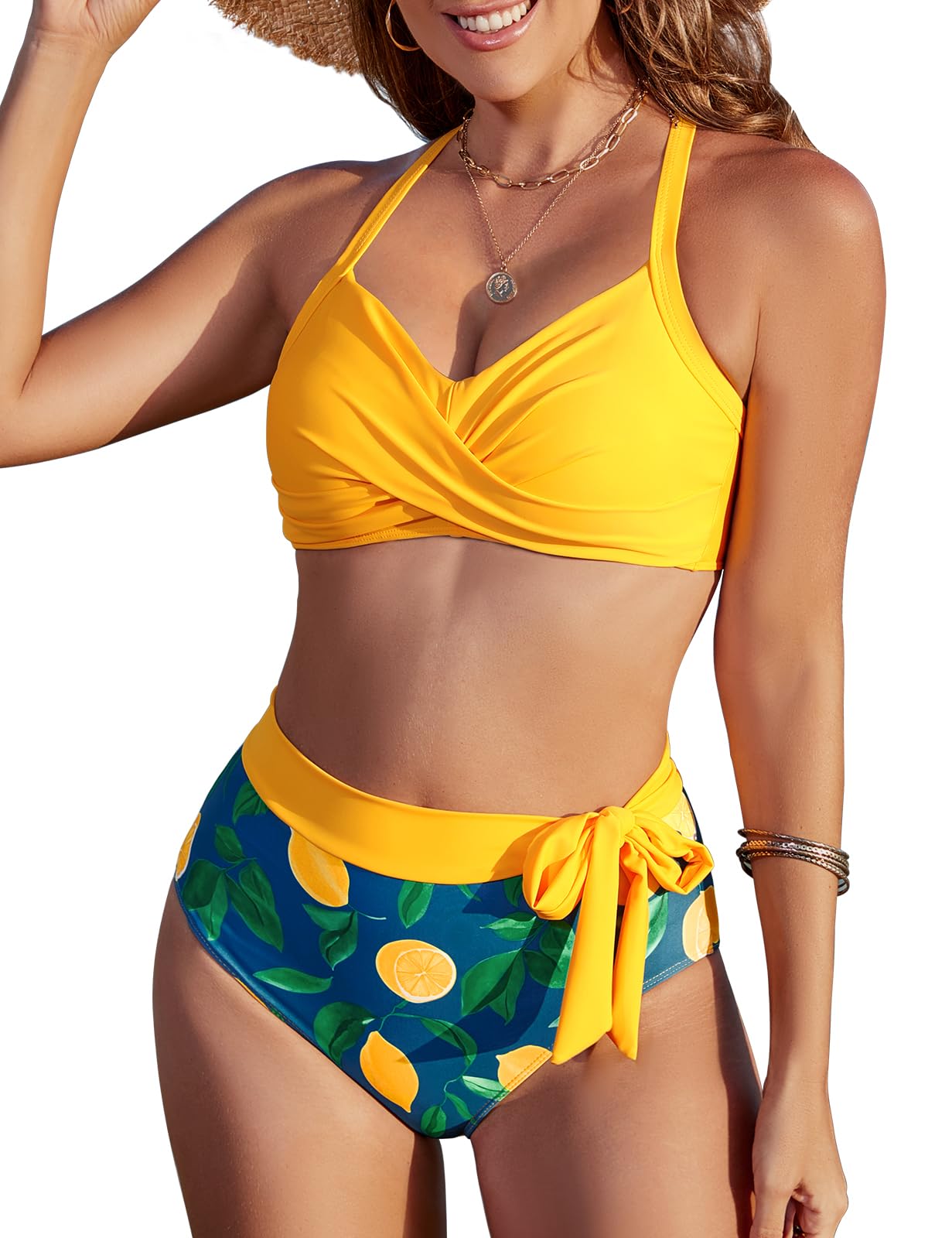 FemiChic Bikini Mujer Traje de Baño de Dos Piezas Cintura Alta Bañador Sexy Cuello en V Vientre Plano Ropa de Baño Sólidos o Estampado Floral Conjuntos Verano Talla Grande Vikinis