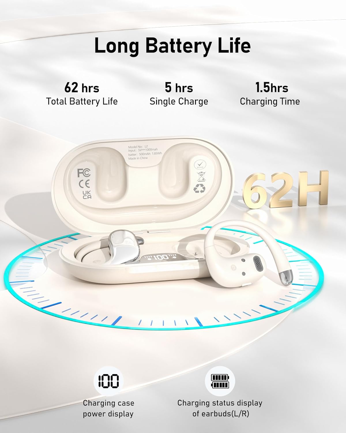 Open Ear Headphones Bluetooth 5.4, 62H Playtime, Air Conduction Wireless Earbuds with Ergonomic Earhooks, ENC Mic,IPX5,Physical Buttons, Comfort-Fit for Running, Cycling, Workouts