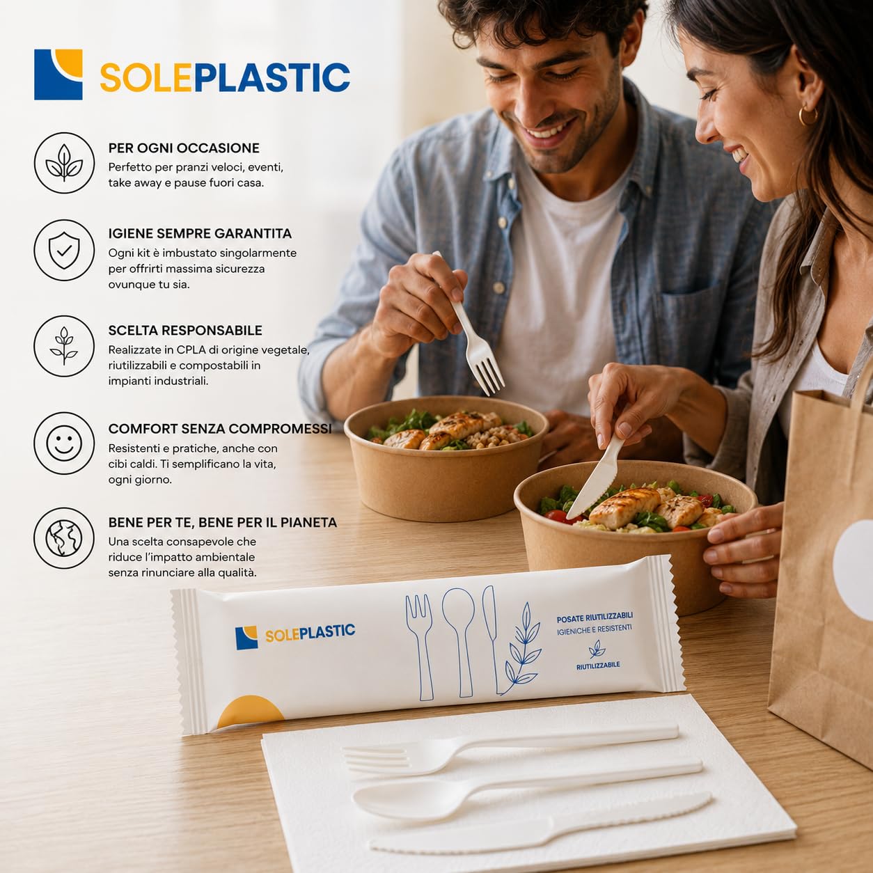 100 Posate Da Viaggio TRIS IMBUSTATE SINGOLARMENTE - Coltello,Forchetta,Cucchiaio e Tovagliolo RIUTILIZZABILI da 16 cm Bianco - RESISTENTI per Cibi Caldi Fino a 70° - Set Posate per ogni Occasione