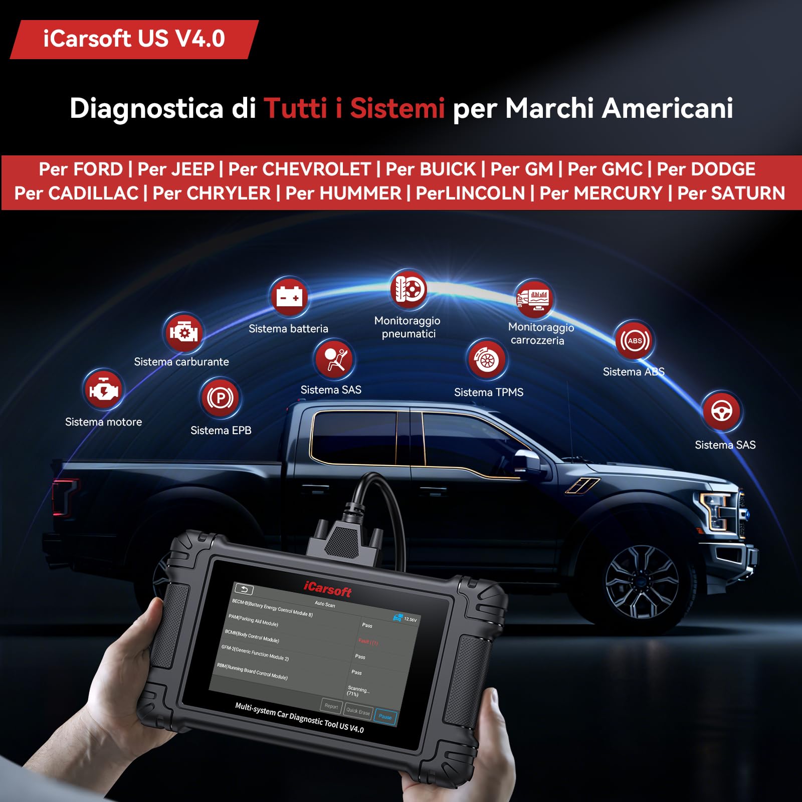 iCarsoft US V4.0 OBD2 Auto Diagnostica per Ford/GM/GMC/Jeep/Chevrolet, Diagnosi Auto in Italiano per Tutti i Sistemi, 41 Servizi di Ripristino, Test Bidirezionale, Auto VIN, Aggiornamento WiFi
