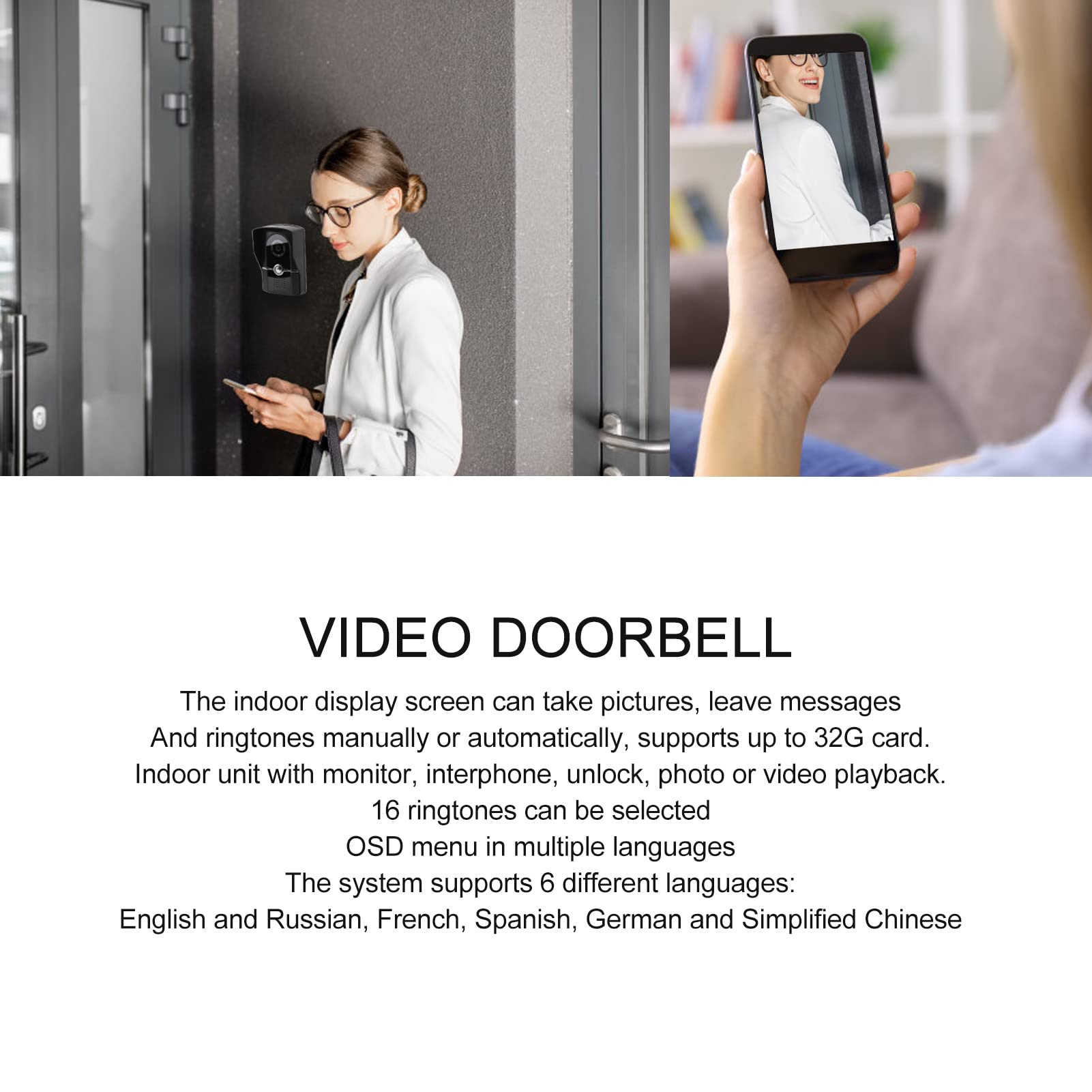 Sistema De Intercomunicación con Videoportero con Pantalla HD, Soporte En Varios Idiomas, 16 Tonos De Llamada, Conectividad De Aplicaciones Móviles, Cubierta para Lluvia, Montaje En Pared(EU)