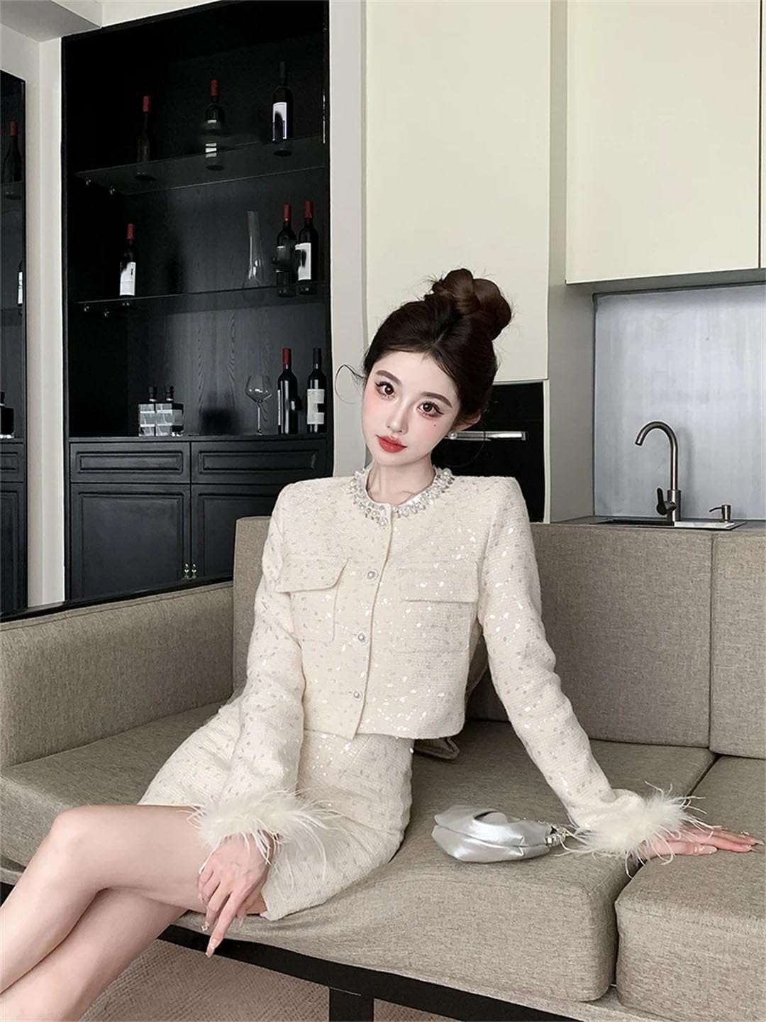 Women Rough Edges Trimmed Round-Neck Long-Sleeve Jacket and High-Waisted Skirt Suit
