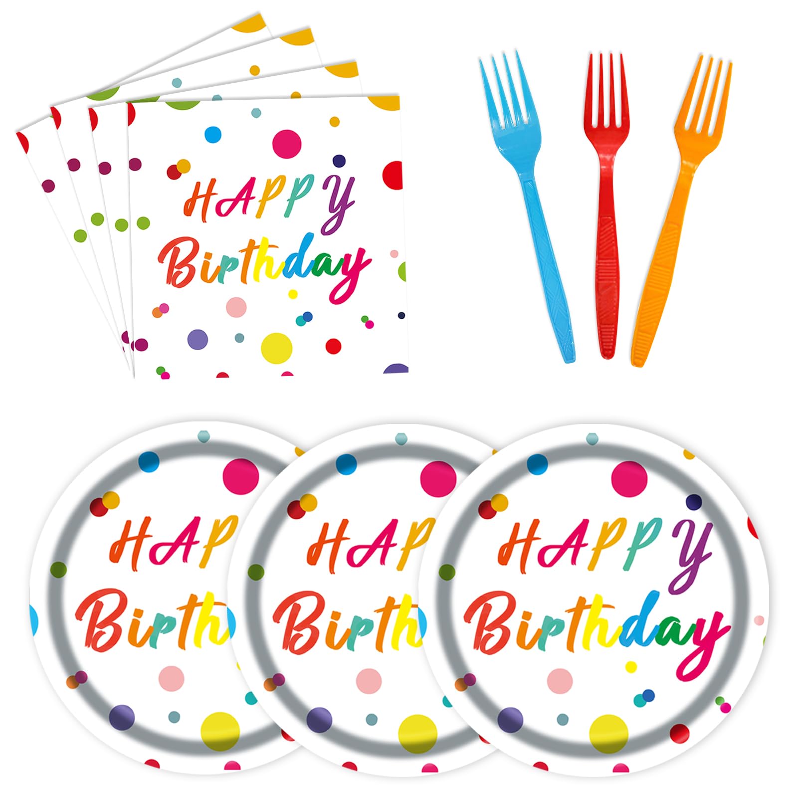 75Pcs Happy Birthday Dots Plates and Napkins Party Supplies,7 Inch Dots Paper Plates and 6.5 Inch Napkins with 6.3 Inch Forks Disposable Tableware Set