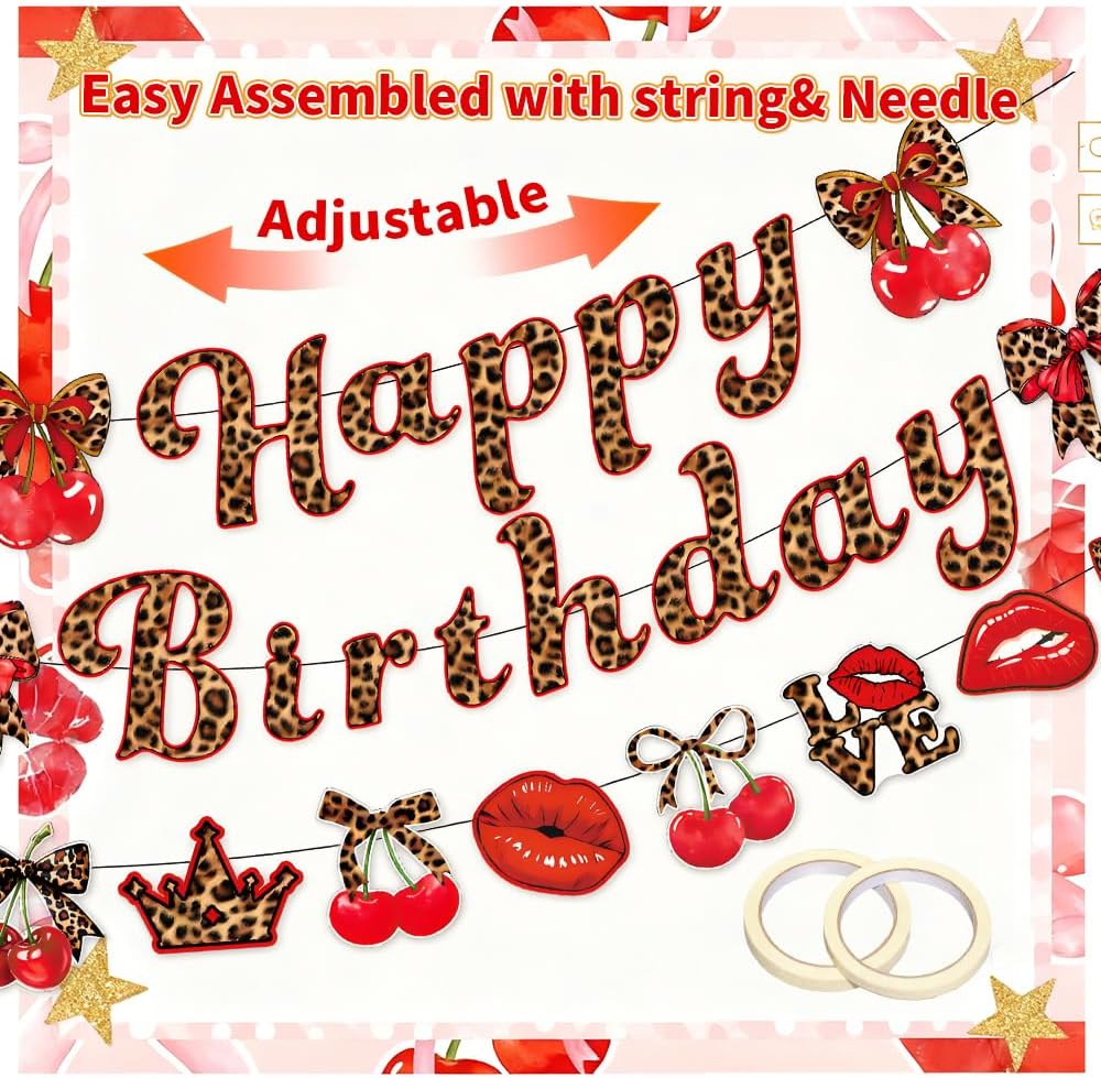 Leopard Print Cherry Birthday Party Decorations for Women Girls, 41Pcs Cheetah Theme Party Supplies with Happy Birthday Banner, Cherry & Lip Foil Balloons, Cake Toppers, Sash, Glasses for Bachelorette