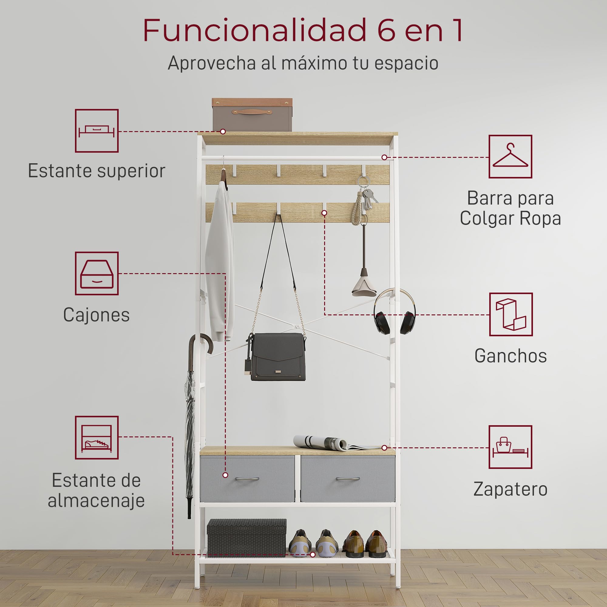 HOMCOM Perchero Zapatero Perchero Entrada Recibidor con Zapatero 8 Ganchos 2 Cajones de Tela Barra Estante de Malla Estilo Industrial para Colgar Ropa Pasillo Dormitorio Salón 80x30x180,5 cm Natural