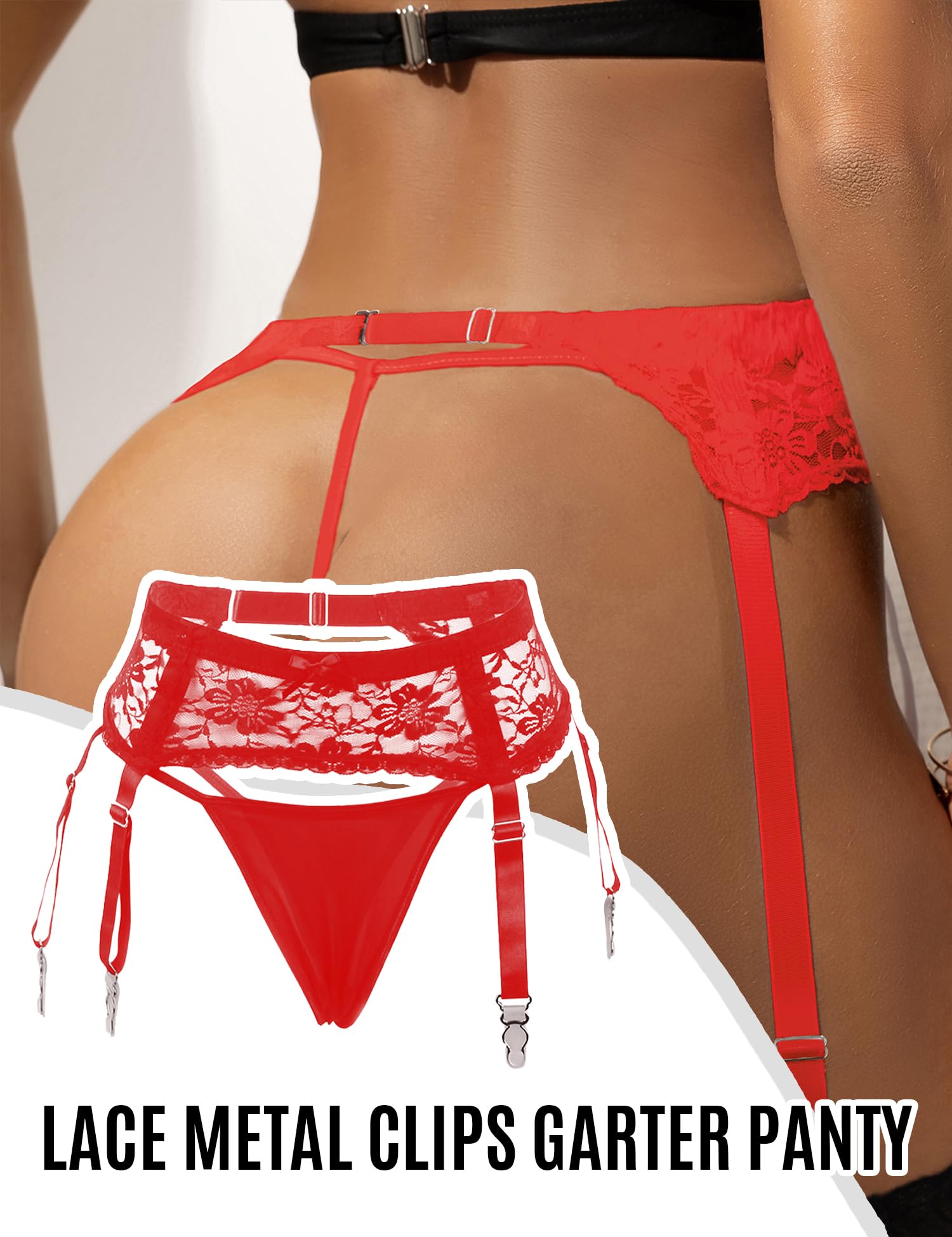 Women Floral Lace Garter Belt Plus Size Mesh Suspender Belt Set with 4 Straps Metal Clip for Thigh Highs: 1- Style1: Red Medium-Large
