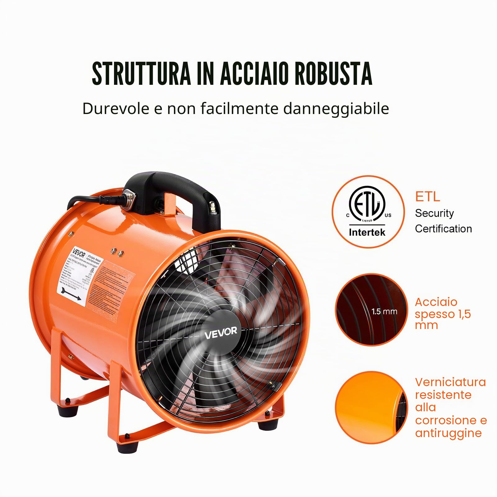 VEVOR Ventilatore Portatile, 300W Estrattore d'Aria Condotto Aspiratore Industriale 254 mm, Tubo Flessibile 10 m Volume d'Aria 1720 CFM (2922 m3/h) 2 Marce per Aspirare Polvere Fumo Impermeabile IP44