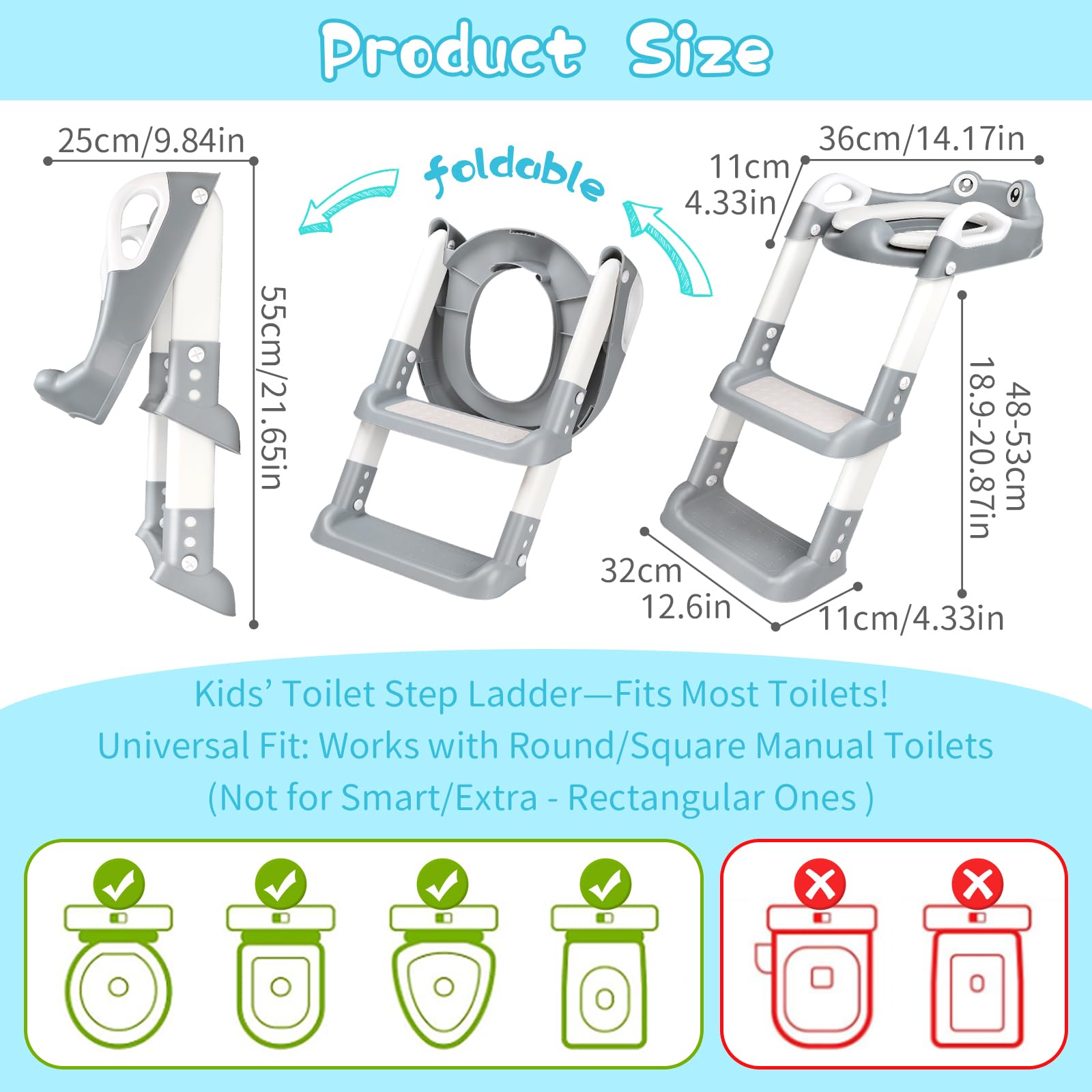 Sedile WC per Bambini con Scale, WC per Bambini, 2 in 1, con Scale, per Ragazzi e Ragazze, Sedile WC con Poliuretano, Regolabile in Altezza e Pieghevole, Antiscivolo con Spritzsc