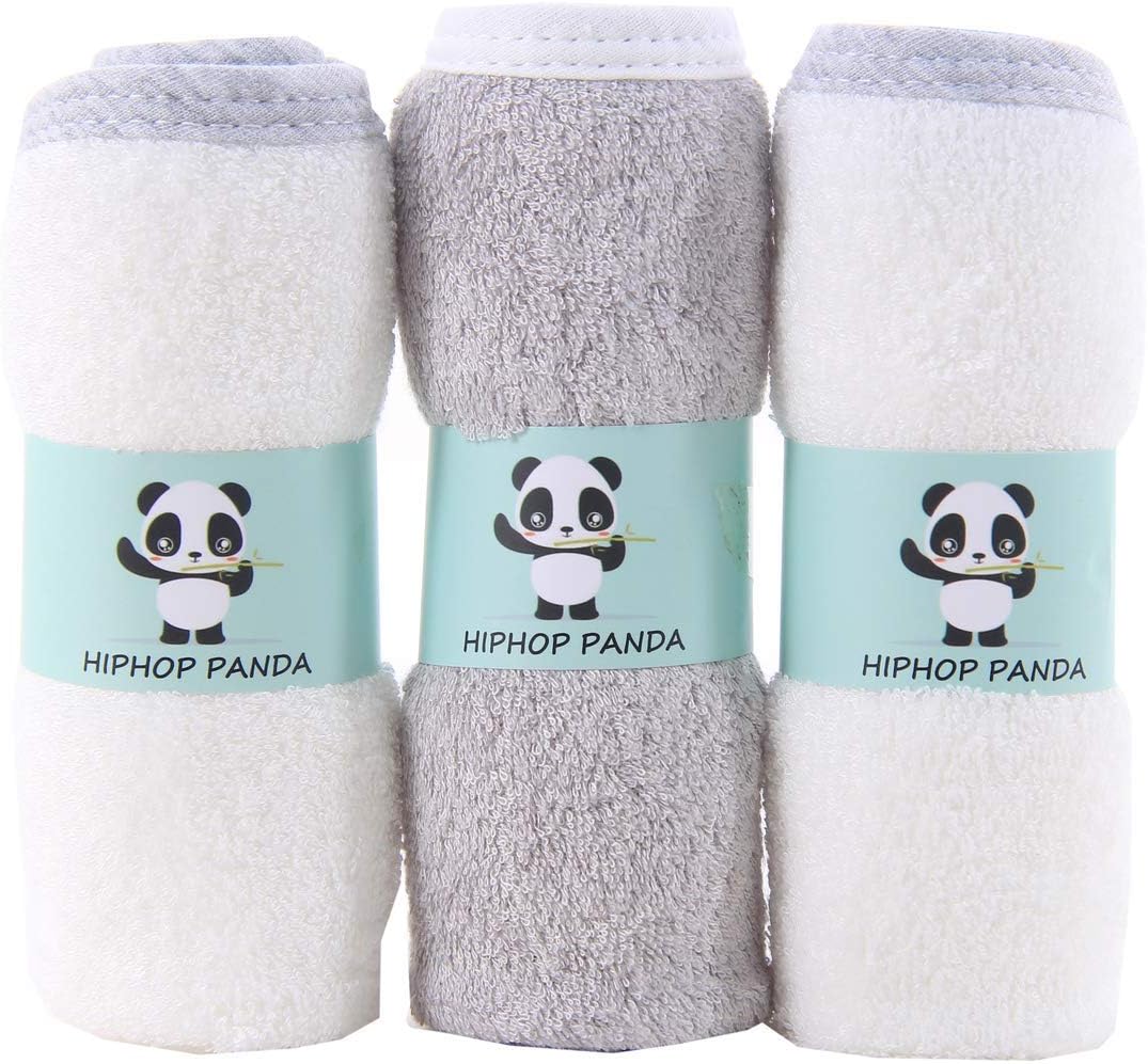 Super Soft Bamboo Baby Wash Clothes, 2 Layer Ultra Absorbent Bamboo Washcloths for Baby - Newborn Essential Shower Gift - Baby Bamboo Face Towel 3 Pack - Grey and White