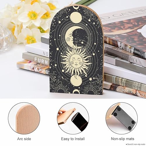 Miniatura 4 de NFGSE Extremos para libros, cara mística del sol, luna, media luna, planetas mágicos, 2 unidades, 5 x 3 pulgadas, moderno sujetalibros decorativos