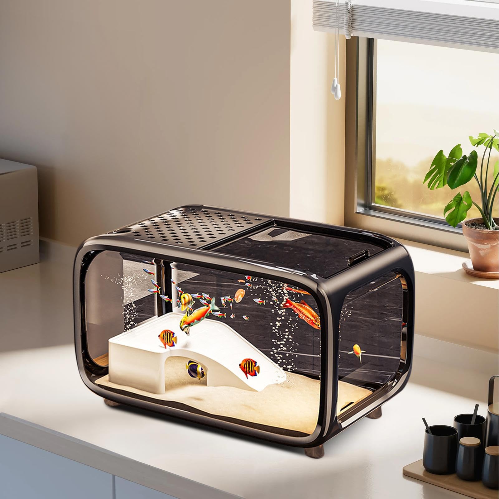 Acuario Pequeño Pecera De Escritorio Para Tortugas Con Decoración De Escala | Recipiente De Paisaje Acrílico Transparente Con Orificio Para Alimentación Para Animales Acuáticos Como Betta