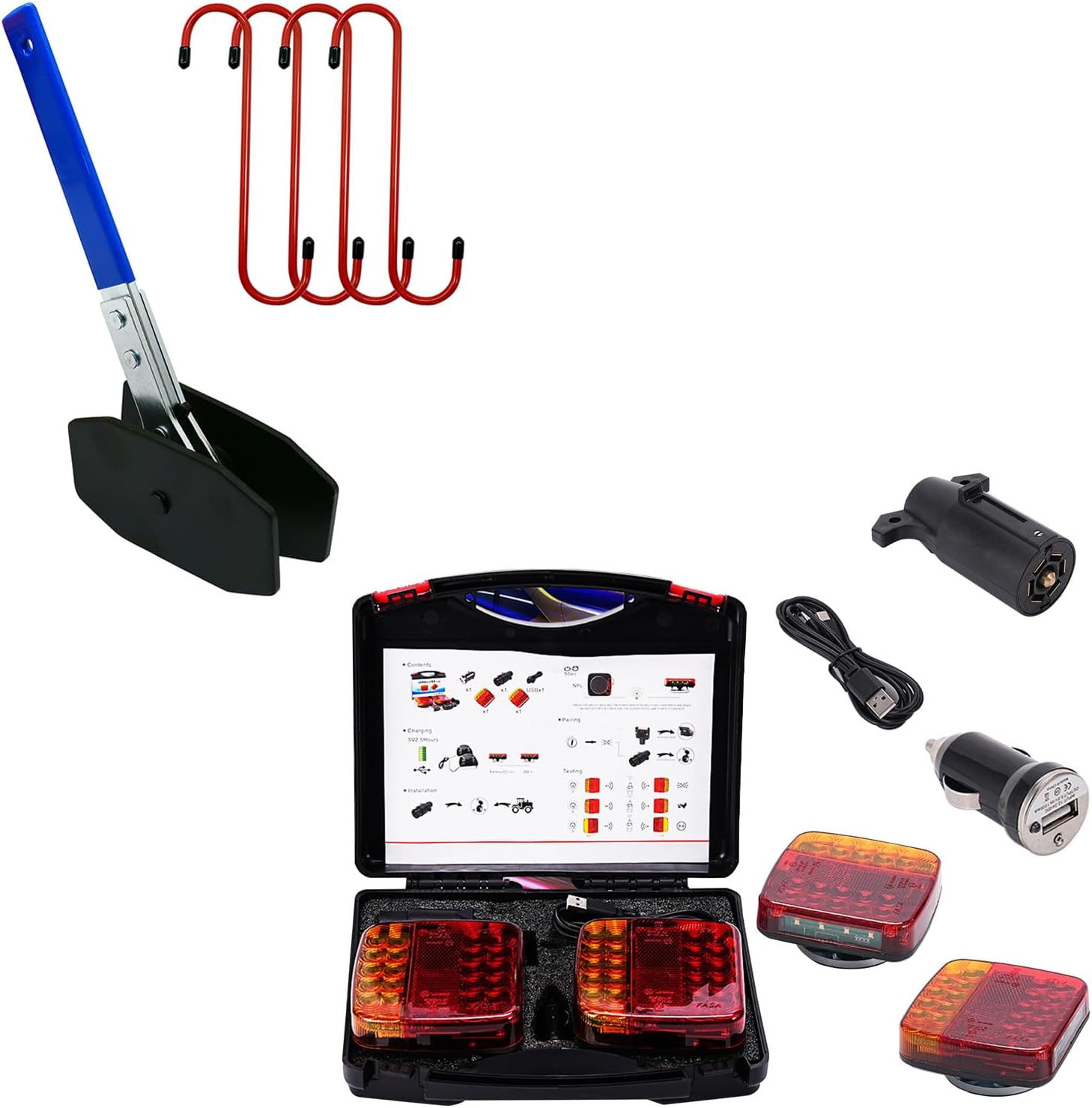 Brake Caliper Compression Tool & Wireless Magnetic Trailer Lights Kit, 360° Ratchet Brake Repair Tool with 100FT Long-Range LED Tail Lights for Car/Truck/SUV/Trailer/Tractor