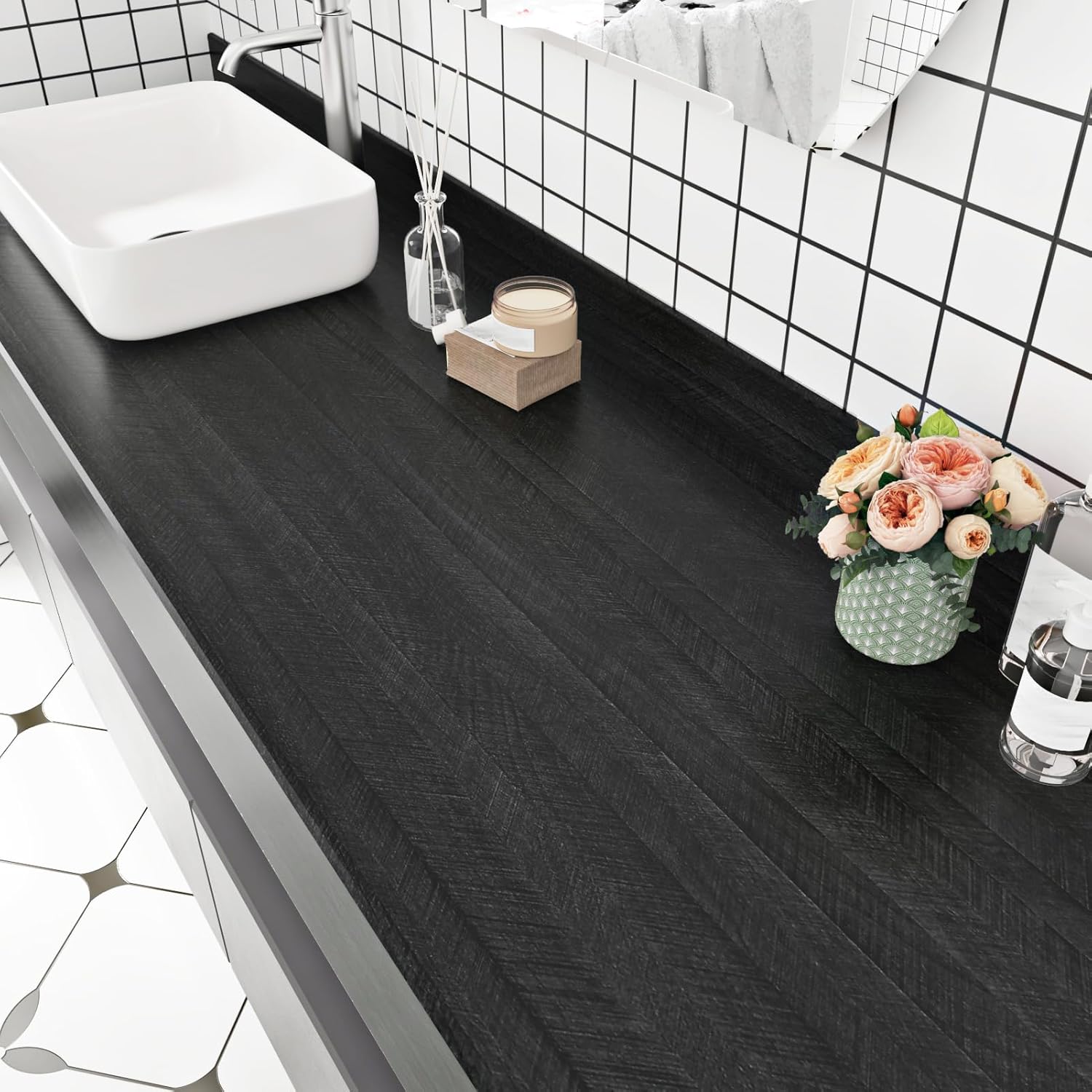 Wallercity Black Wallpaper Wood Grain Contact Paper Peel and Stick Wallpapers Wood Self Adhesive & Removable Wall Paper for Countertops Cabinets Kitchen Backsplashes Vinyl Decorative Film 12x78.7 in