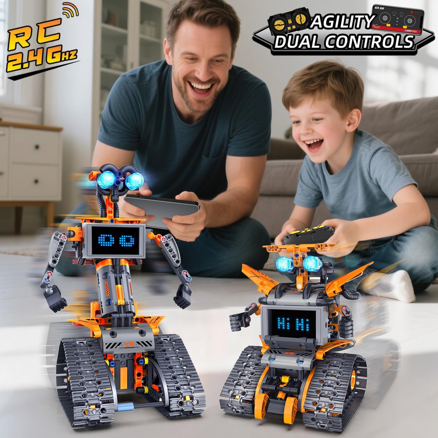 Image showing a child and adult controlling two HOGOKIDS robots, one with a remote control and another with a smartphone app.