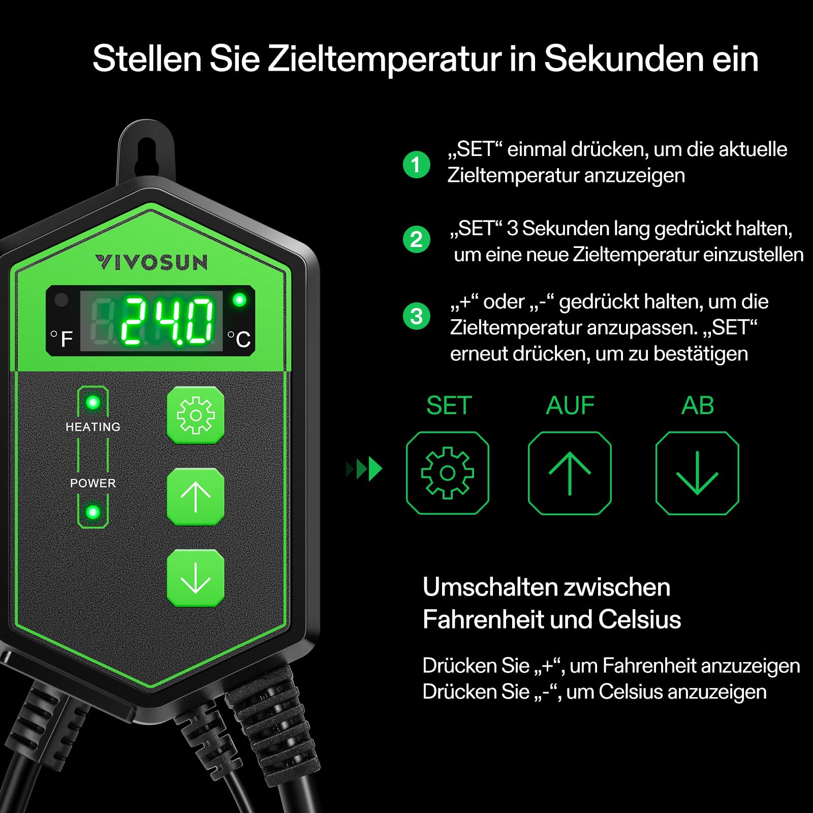 VIVOSUN Digitaler Heizmatten-Thermostat-Controller, 5-42°C, 1000W für Reptilien, Setzlinge, Keimung, Inkubation und Fermentation
