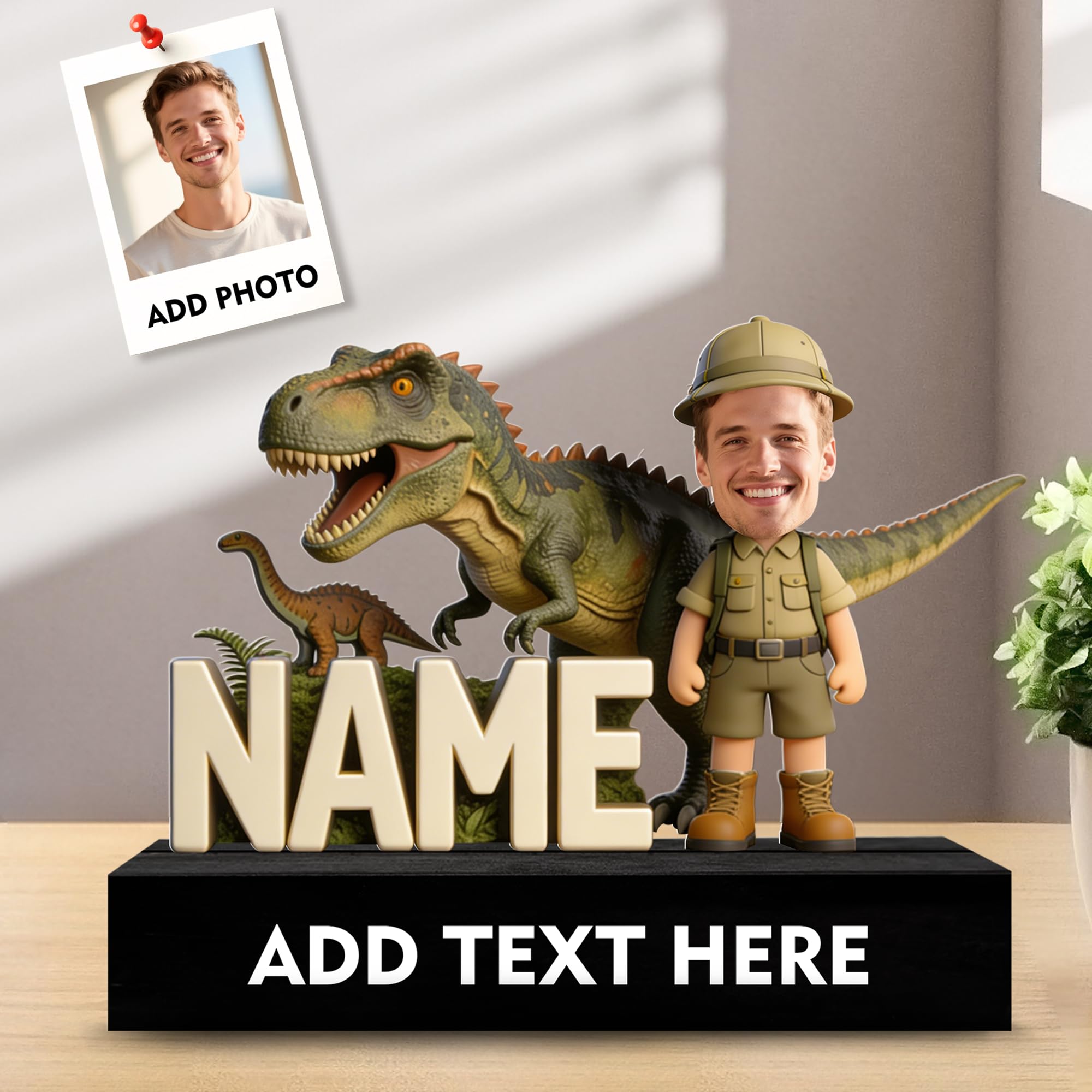 SosnSusn Personalized Dinosaurs Figurine Acrylic Desk Ornament, Custom Photo Figures Cartoon Style Name Plate for Desk Desktop Decor Plaque Home Decor Gift’s For He and Dinosaurs Enthusiasts