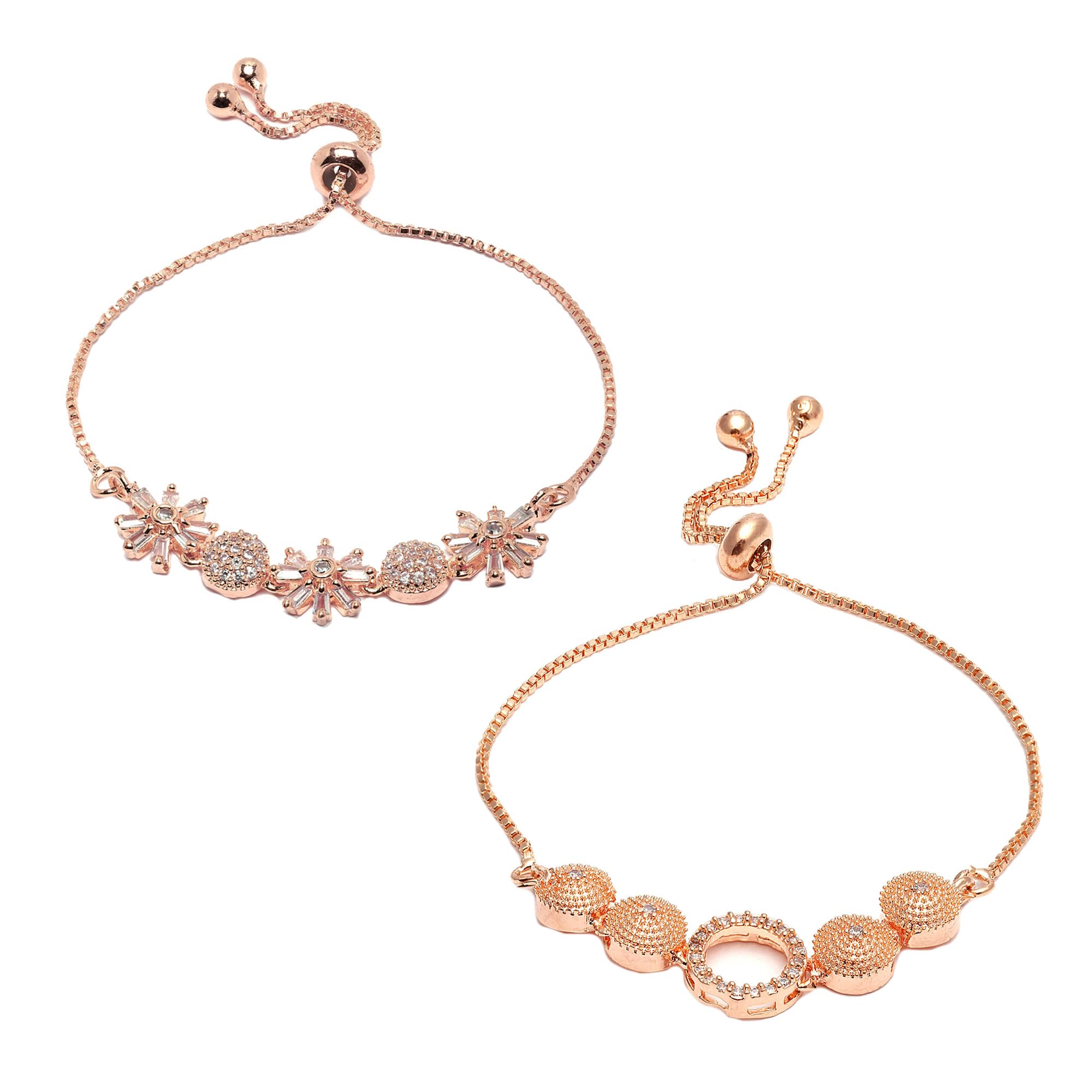 Set of 2 Rose Gold Plated Brass Crystal Bracelet American Diamond Contemporary Bangle Jewellery with Adjustable Pull-Chain Bracelet for Women & Girls