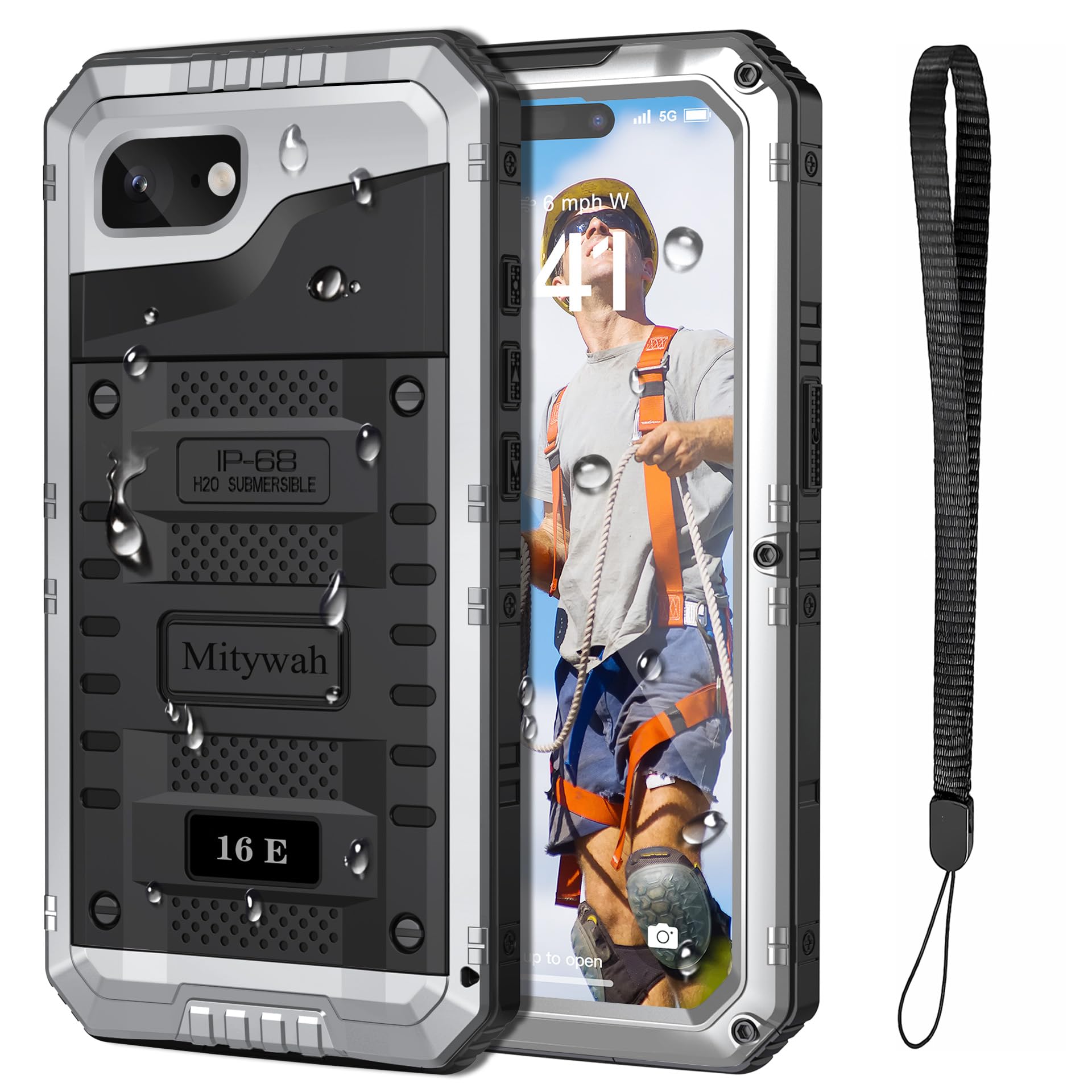 Mitywah Waterproof Case for iPhone 16e, Shockproof Heavy Duty Case with Built-in Screen Protector, Underwater Full Body Protective Metal Case 6.1 inch