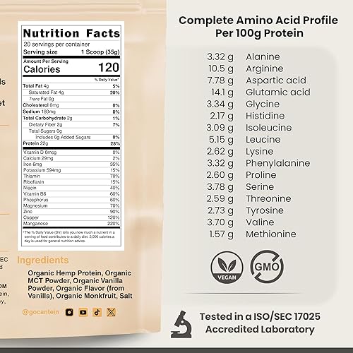 Miniatura 2 de Cantein - Proteína en polvo de cáñamo orgánico, batido de proteína a base de plantas y vegano, sin lactosa y lácteos, sin gluten, limpio y natural -