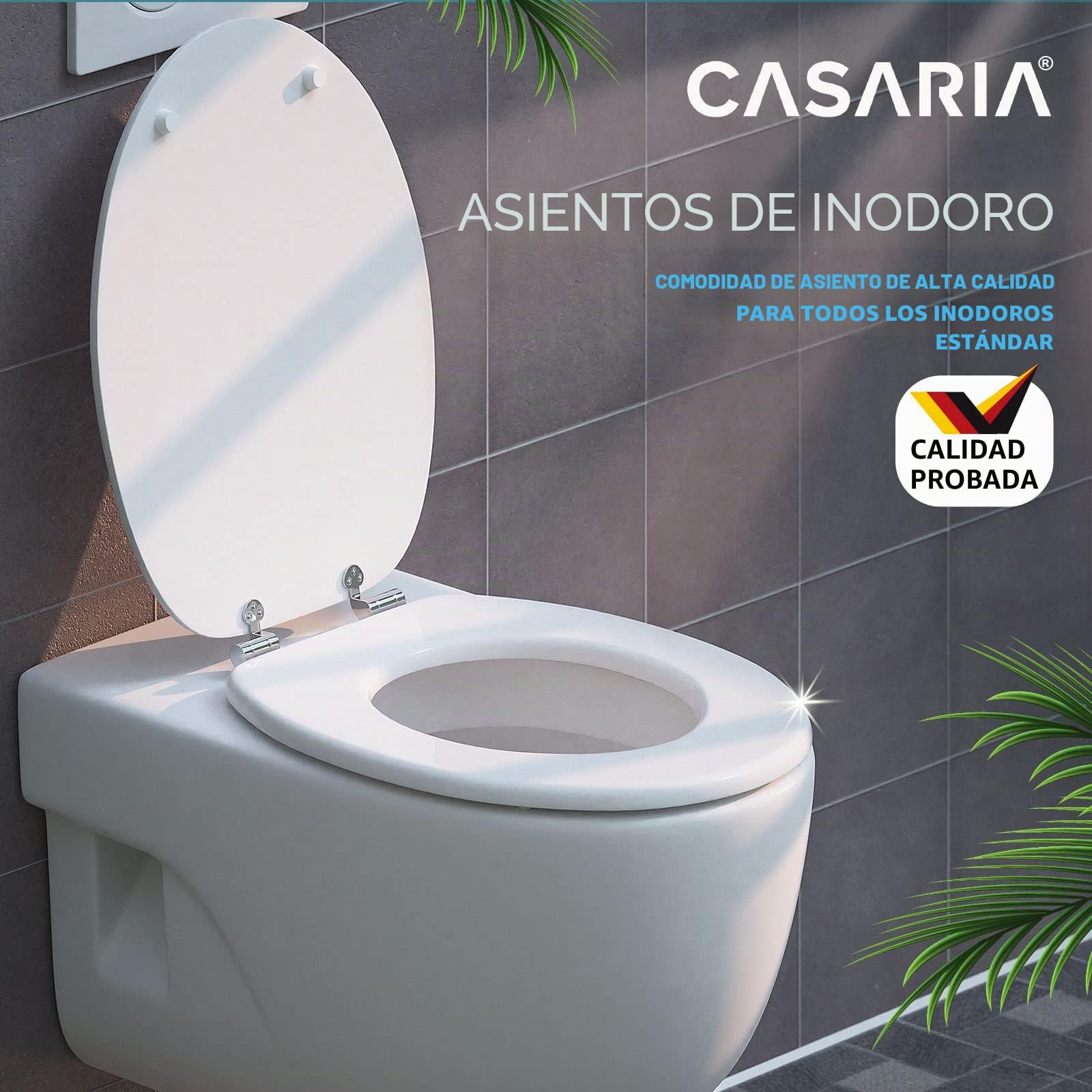 CASARIA Asiento Inodoro Automático Blanco Universal | MDF, 175Kg, Tapas, WC, Water, Tapadera, Cierre Suave, Doble, Accesorios, Baño, Antibacteriano, 45,7 x 38,0Cm