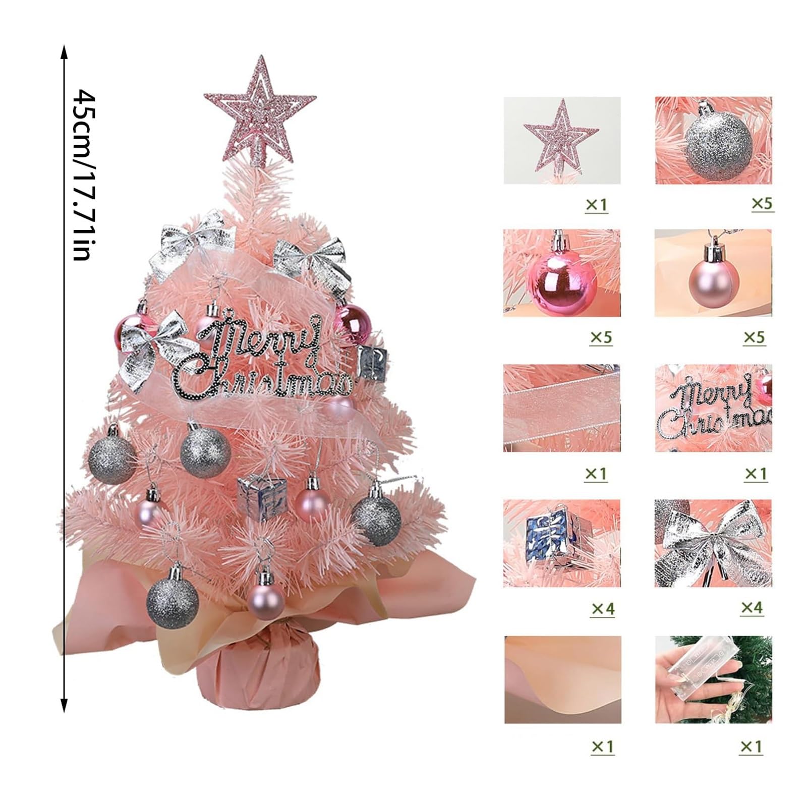 Petit Sapin de Noël Table 45 cm avec lumières et Boules décoratives for la Maison, Les fêtes Petits espaces(Roze)