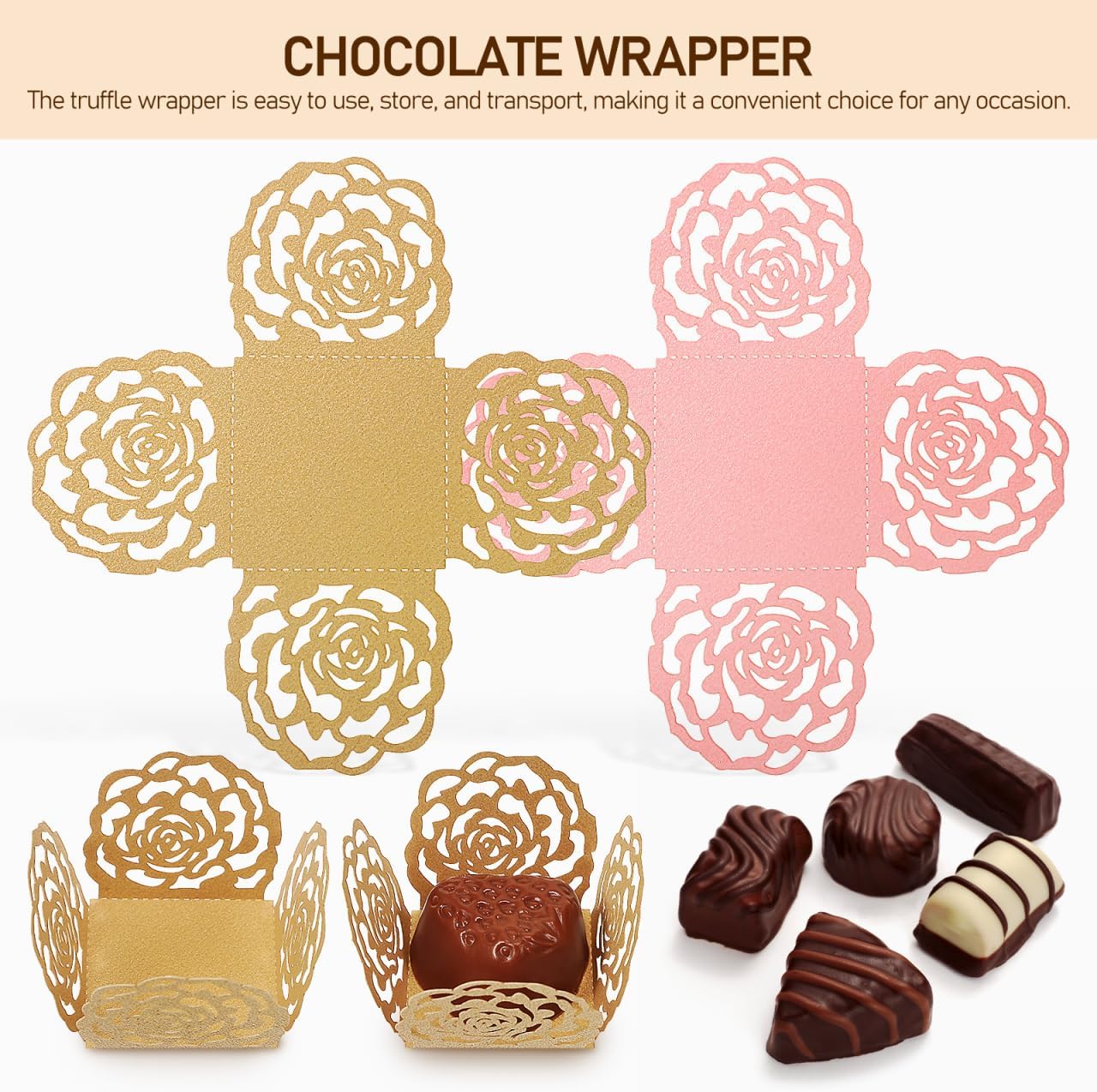 Amosfun 100Pcs Chocolate Truffle Wrappers Hollowed Flower Design Mini Baking Cups Paper Liners for Weddings Birthdays Party Supply Cupcake Candy Treats 1.37 x 1.37 x 1.3 Inch