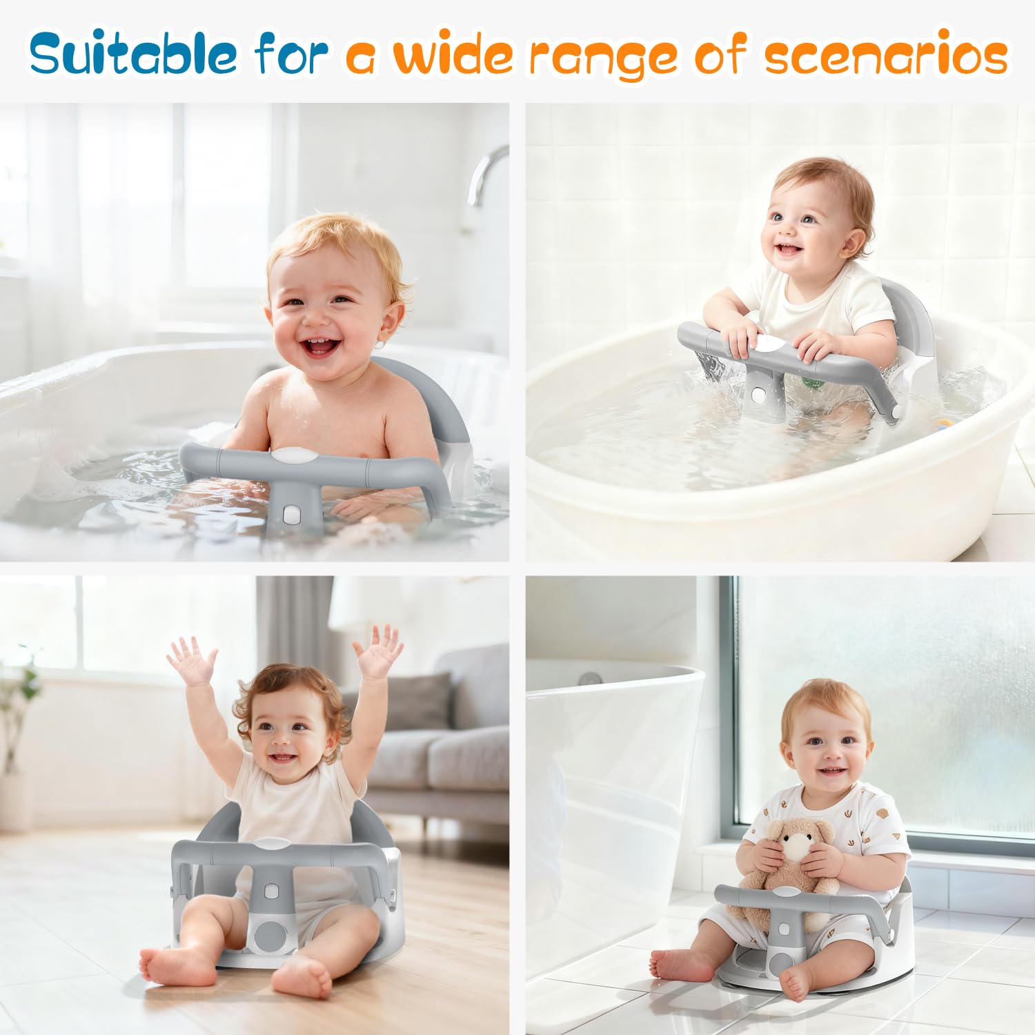 Baby Bath Seat for Babies 6 Months & Up Sitting Up, Non-Slip Baby Bath Chair with Suction Cup, Safe and Comfortable Portable Infant Bath Seat for Bathroom, Bathtub Tub, Easy to Clean (Grey)
