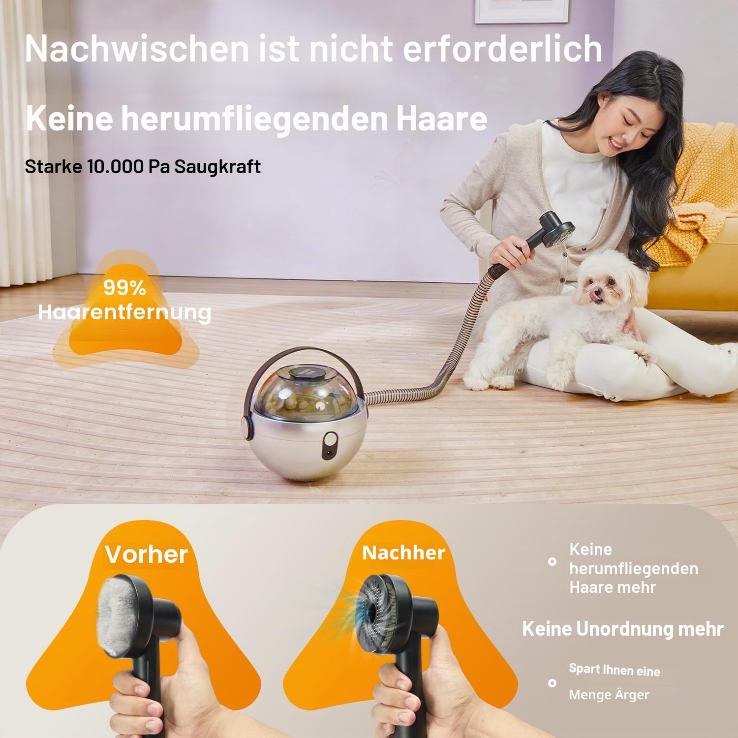 Hundestaubsauger mit Bürste,Schnurlose Pflege Kit mit Staubsauger,starke Saugkraft von 10000 Pa, entfernt 99% Tierhaare, kabelloses, geräuscharm, leicht zu reinigen für Hunde und Katzen