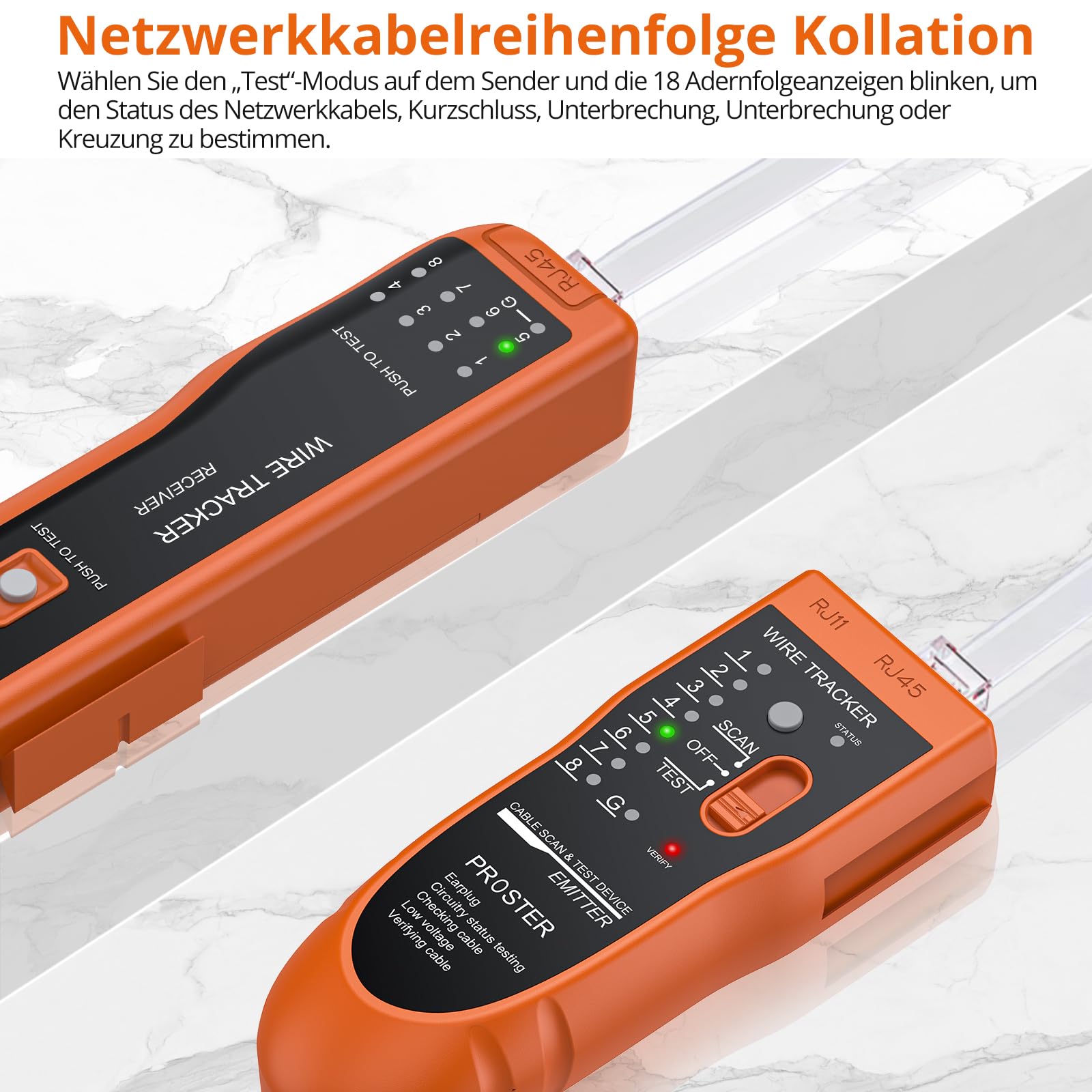 Proster Netzwerkkabel Wire Tracker XQ 350 mit Kopfhörer Hochempfindlicher Handheld Telefonkabeltester Wire Tracker für LAN Ethernet BNC RJ45 RJ11 Tester -Orange