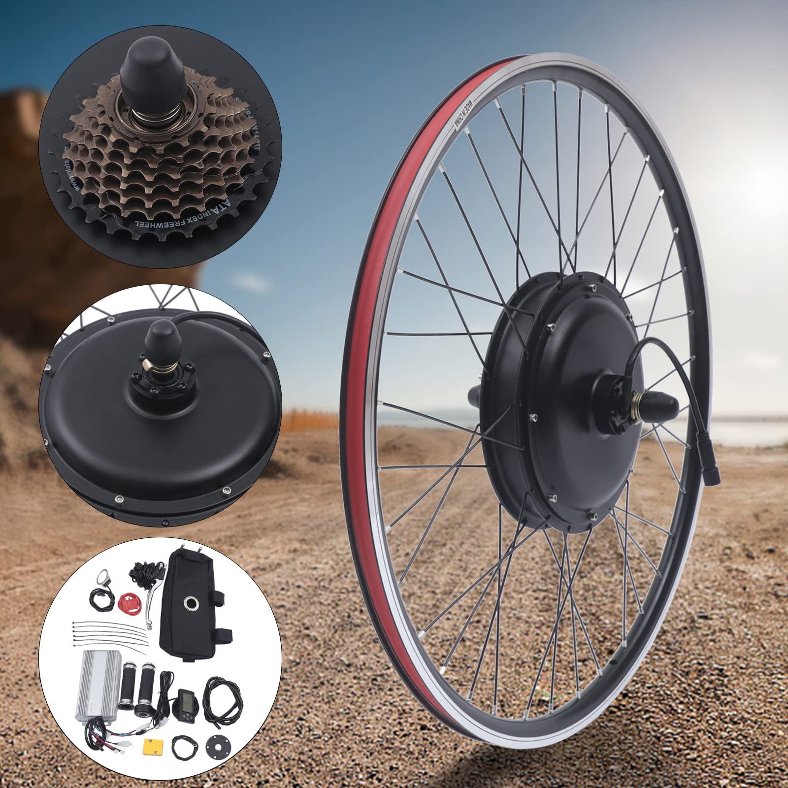 Zestaw do konwersji roweru elektrycznego 28", 1500 W, zestaw do konwersji tylnego koła z czujnikiem, uchwytami hamulcowymi, tylne zawieszenie, 7-biegowe koło zamachowe, czarny