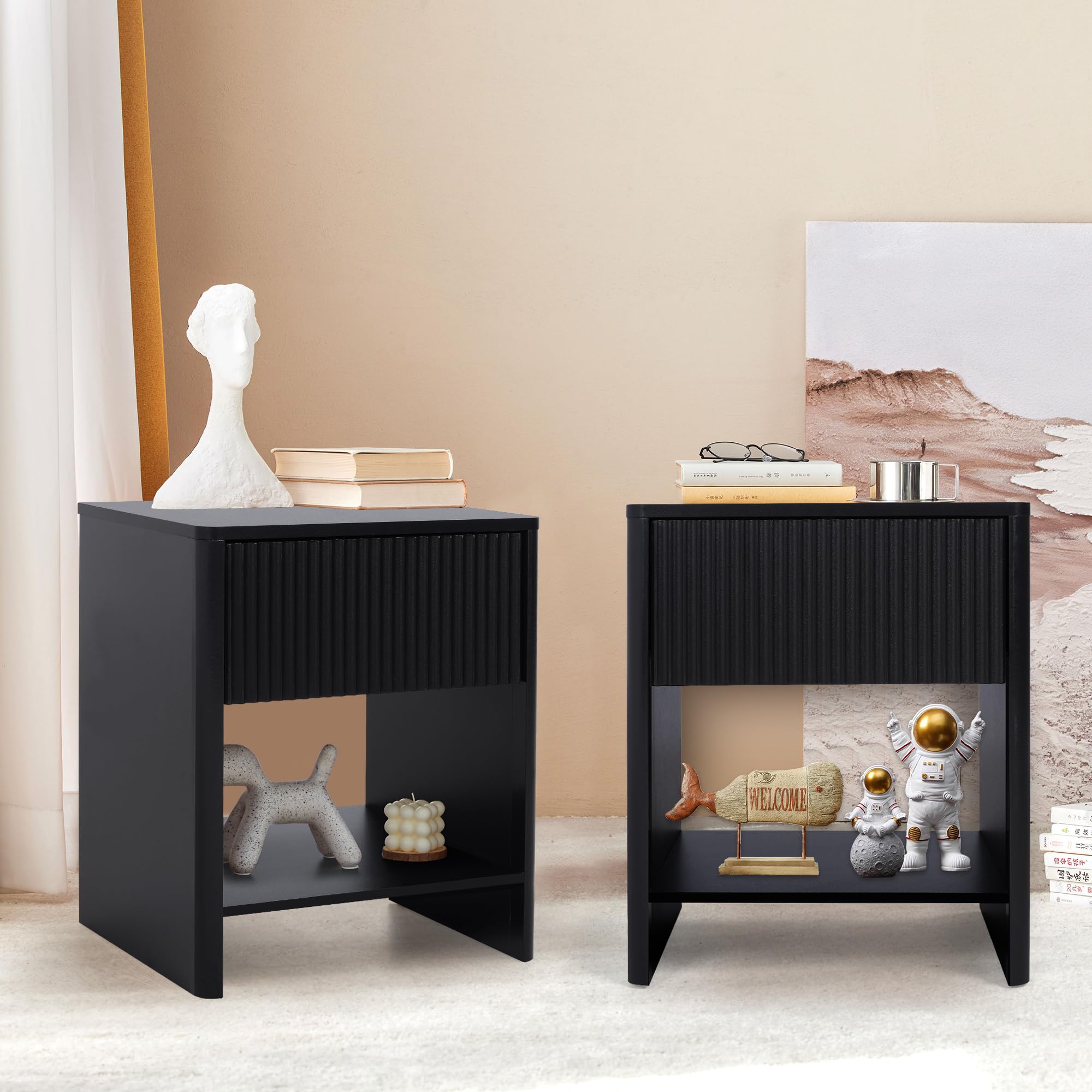 Modern Black Nightstand Set of 2 with Drawer