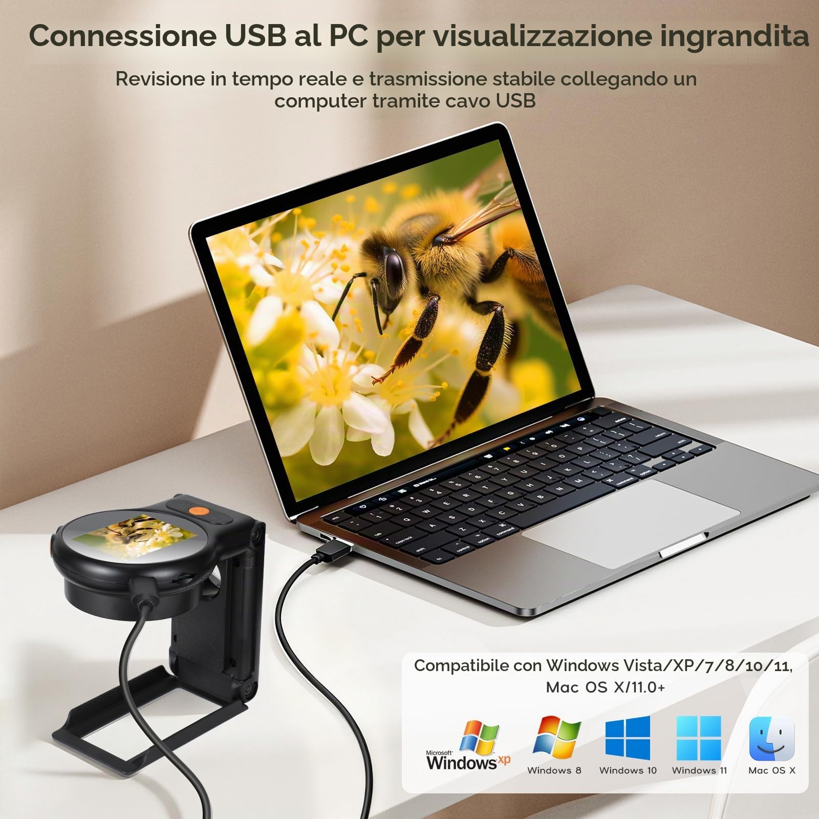 Microscopio Digitale 500X Magnifica Microscopio Portatile Tascabile Microscopio Elettronico 2.0‘’ IPS Lente d'ingrandimento con 8 Luci Regolabili per Insetti Piante Monete, Compatibile con Mac Windows