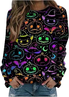 WANZZXCSL Cozy Prom Halloween Tops Casual Plus Size Long Sleeve Fit Pumpki Blouse Buttons Polyester Crew Neck Sweatshrit
