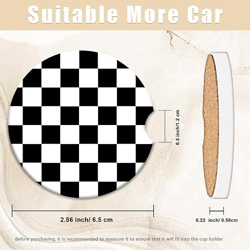 Miniatura 2 de Paquete de 2 posavasos de automóvil a cuadros negros y blancos para portavasos de automóvil, posavasos de cerámica para automóvil, posavasos