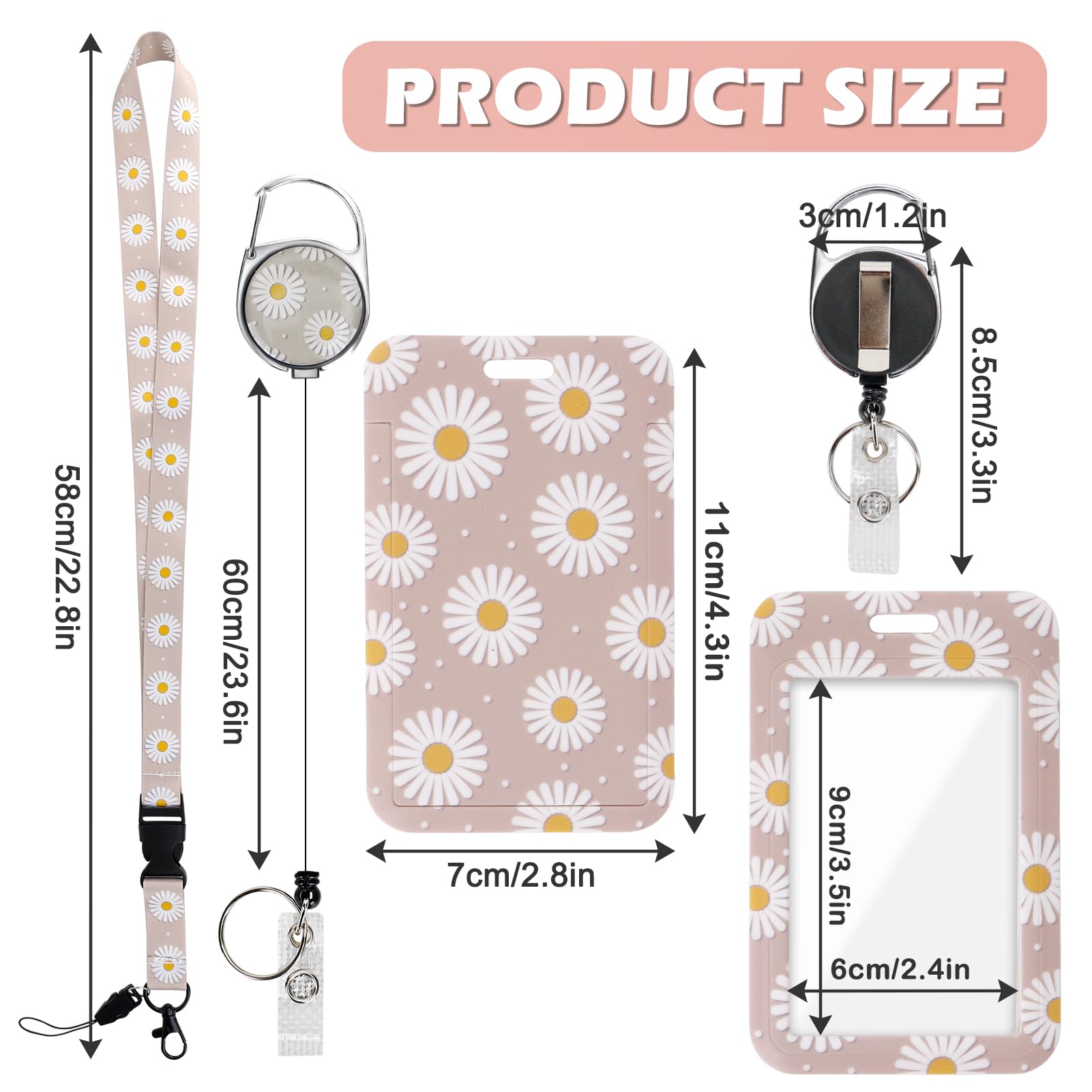 ID Badge Holder with Detachable Lanyard, Retractable Badge Reel, Removable ID Tag Clip, Neck Lanyard (Daisies Light Pink) - Image 2