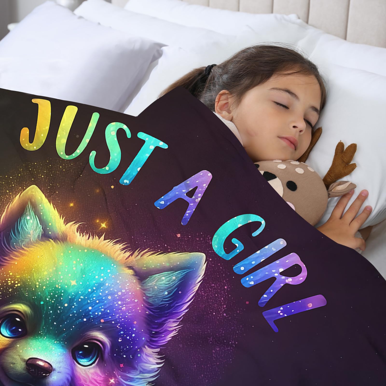 Just A Girl Who Loves Wölf-Decke, niedliche Wolfsdecke, Wolfsgeschenke für Mädchen, Kawaii-Baby-Wolf, Regenbogenfarben, Überwurfdecke, Wölf-Geschenk für Wölf-Liebhaber, Wolf, 203 x 152 cm