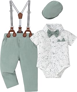 Baby Boy Clothes Suits Infant Tuxedo Gentleman Dress Shirt with Bowtie Beret Suspender Pants Outfit Sets 0-18M - Buy now
