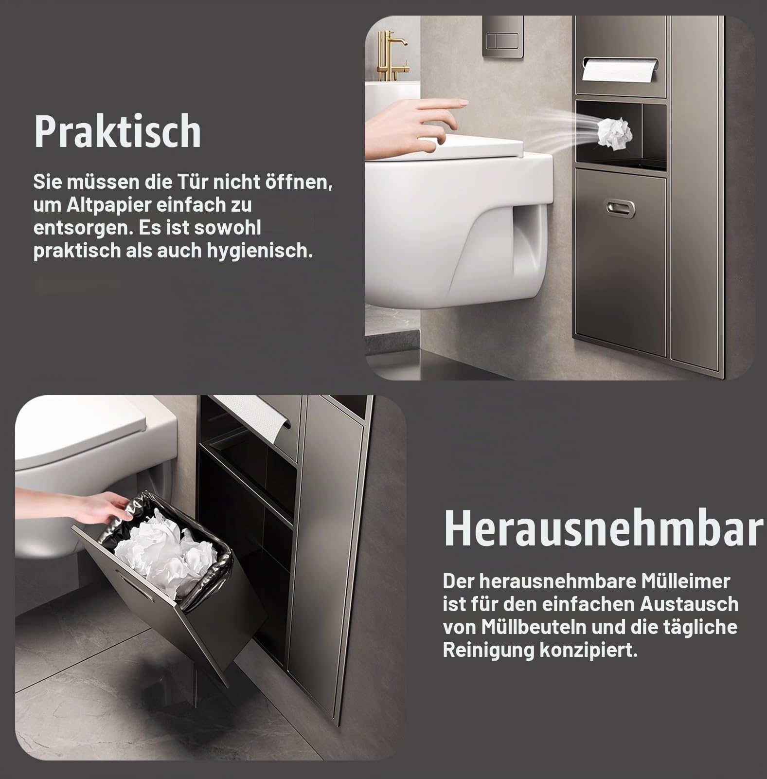 Toilettenpapierhalter Unterputz 3-in-1-Einbau-Toilettenpapierfach, Toilettenpapierhalter aus Edelstahl, Einbau-Mülleimer, Wandregal für Die Badezimmerrenovierung