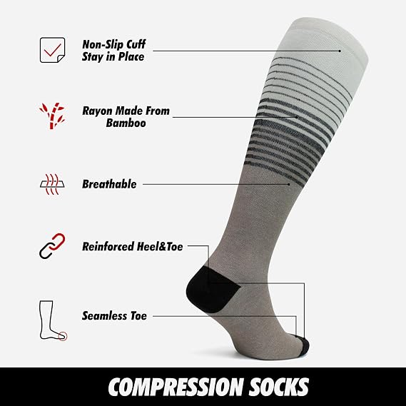 GoWith 15-20 mmHg 3 Pairs Unisex Knee High Compression Socks, Rayon Made From Bamboo Breathable Travel Socks for Men & Women