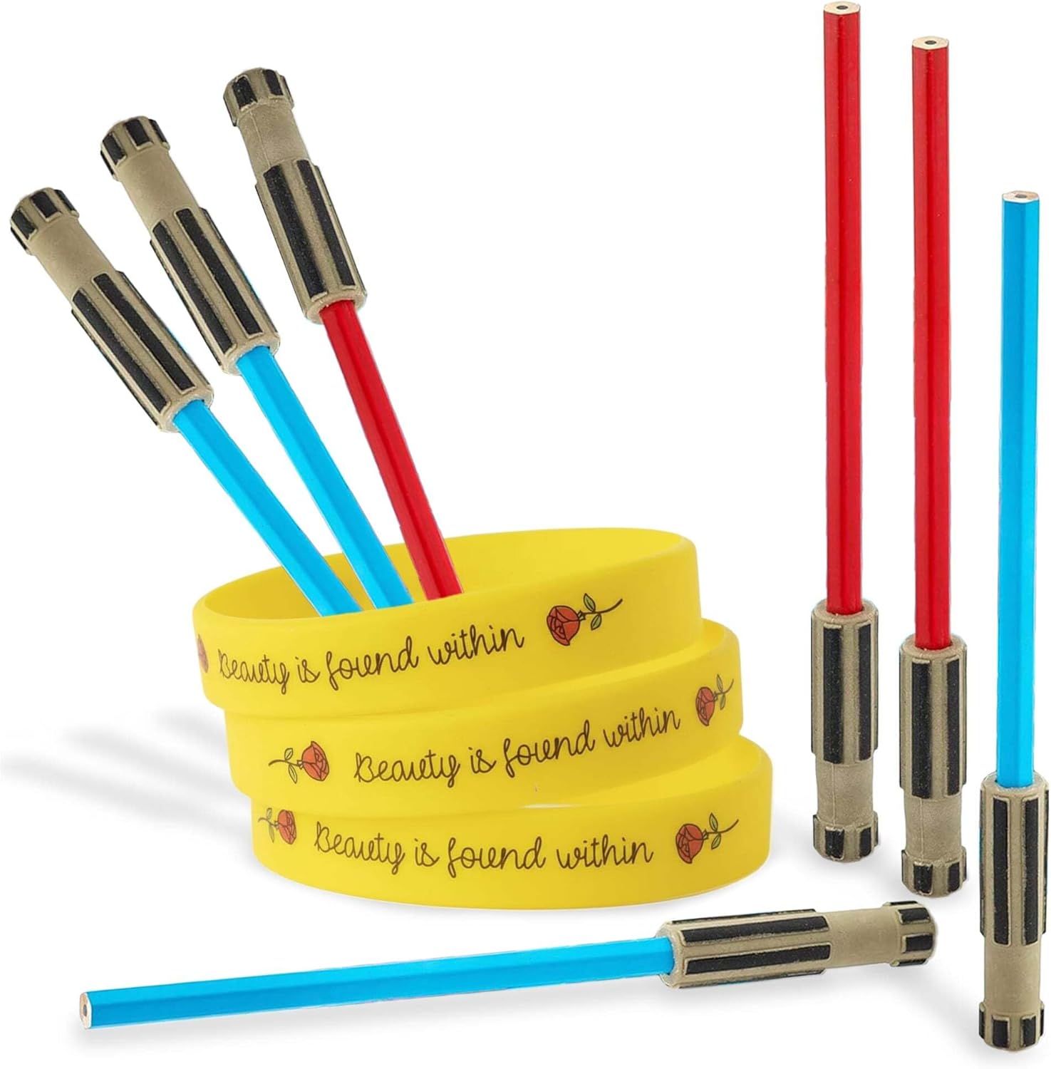 L LIFETIME Light Saber Pencils Party Favors 24 Pack and Rose Beauty Wristband Party Favors, 24 Pack Silicone Bands Beauty and the Beast Theme Bracelets for Girl Power