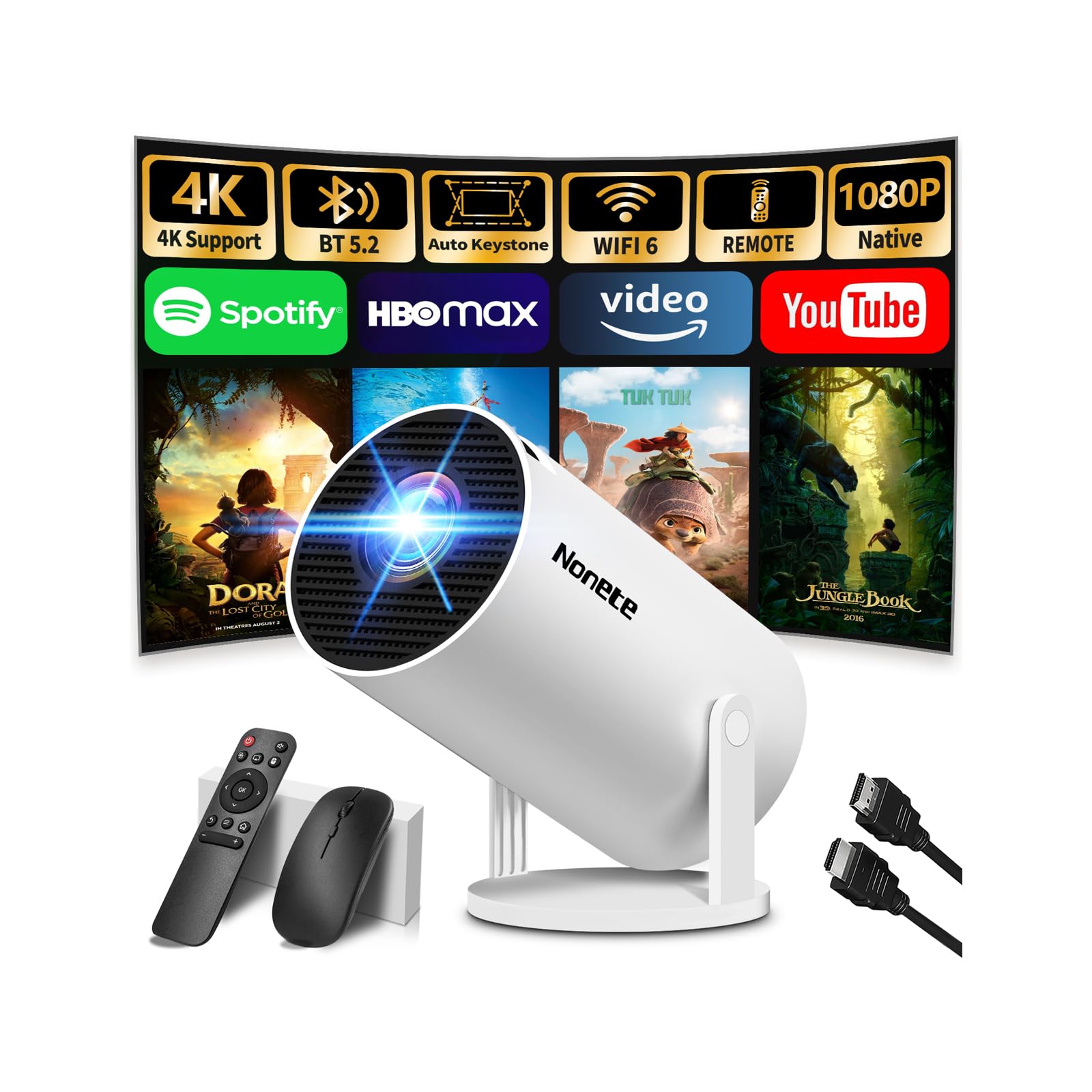 Mini Projector 4K 1080P Full HD Beamer with WiFi 6 BT 5.2, Automatic Keystone 270° Dreh, HDMI/TV Stick/Laptop, Weiß