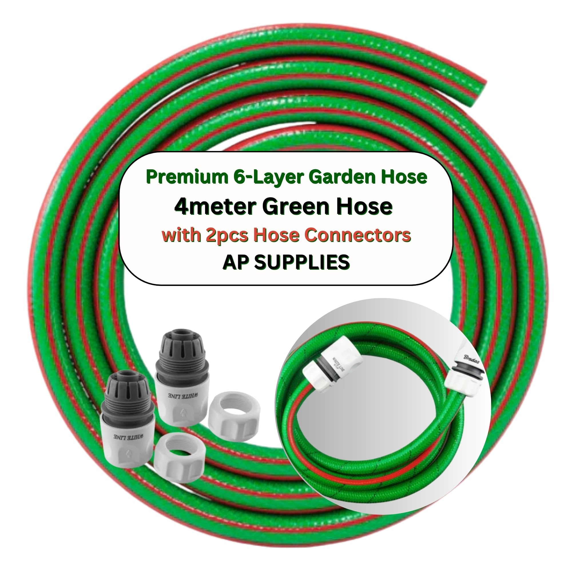 Ap Supplies Green/Red 4Meter Water Hose 1/2Inch - 6-Layer Flexible Garden Hose - Premium Food Grade Water Hose With Hose Connector Set For Caravan, Motorhome And Boat. Standard Click-Lock Type Connectors