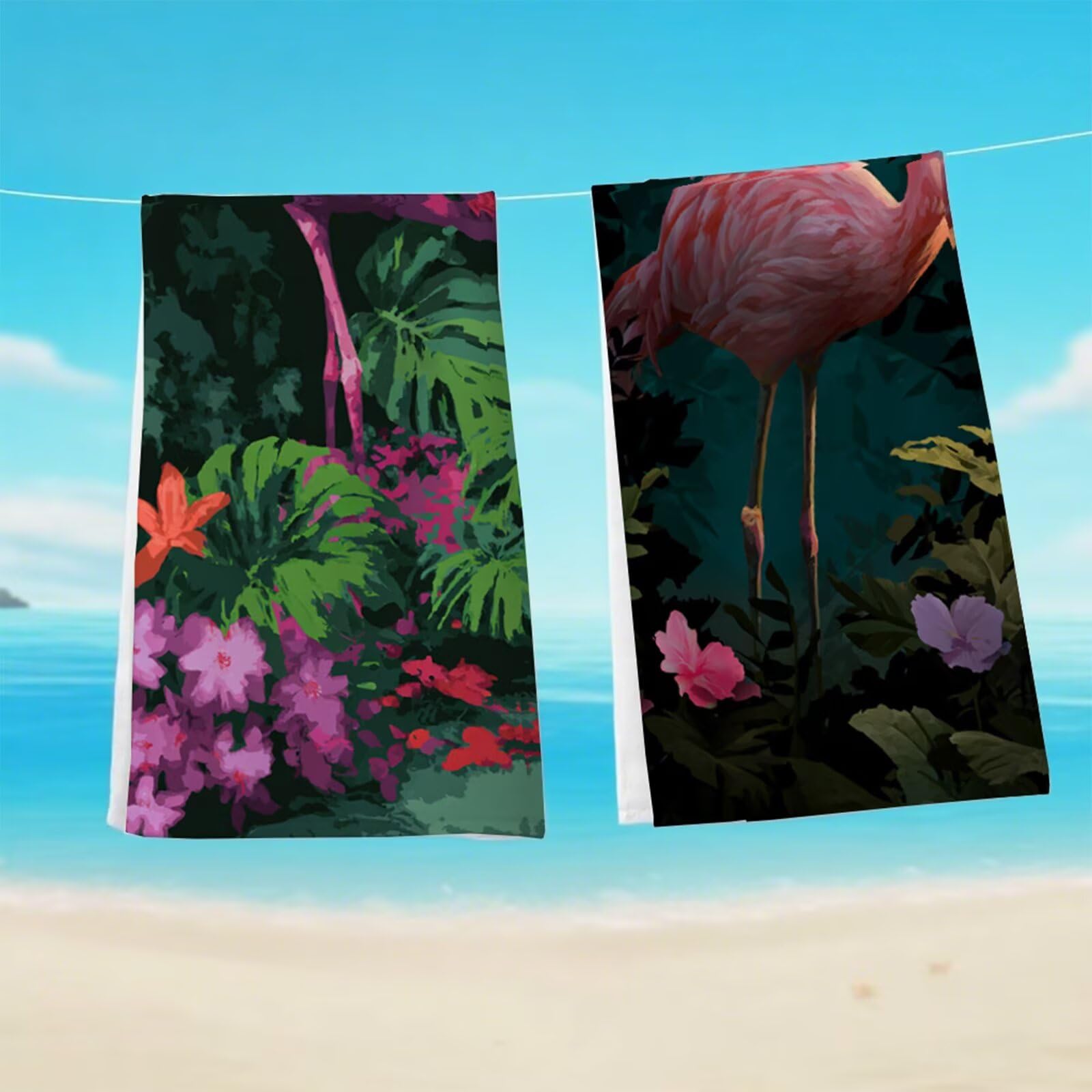 Telo Mare Grande 220x100 cm, Telo Mare Microfibra, 2 Set Asciugamano palestra, Stuoia Spiaggia Compatta, Leggero, Antisabbia, Asciugatura Rapida, per Spiaggia, Viaggi (Fenicottero Tropicale) G1-95
