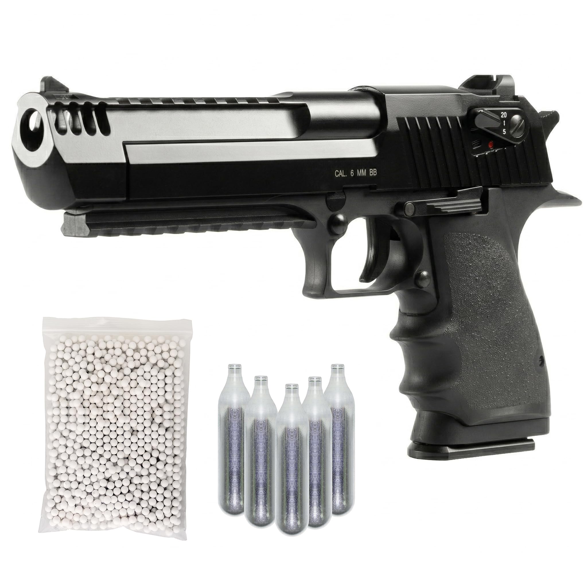 Pistola CO2 Desert Eagle DE L6 softair blowback, POTENZA 0,9 JOULE, polimero/metallo, singolo/raffica, hop-up, 269mm 1094g, bundle 1000 pallini + 5 bombolette