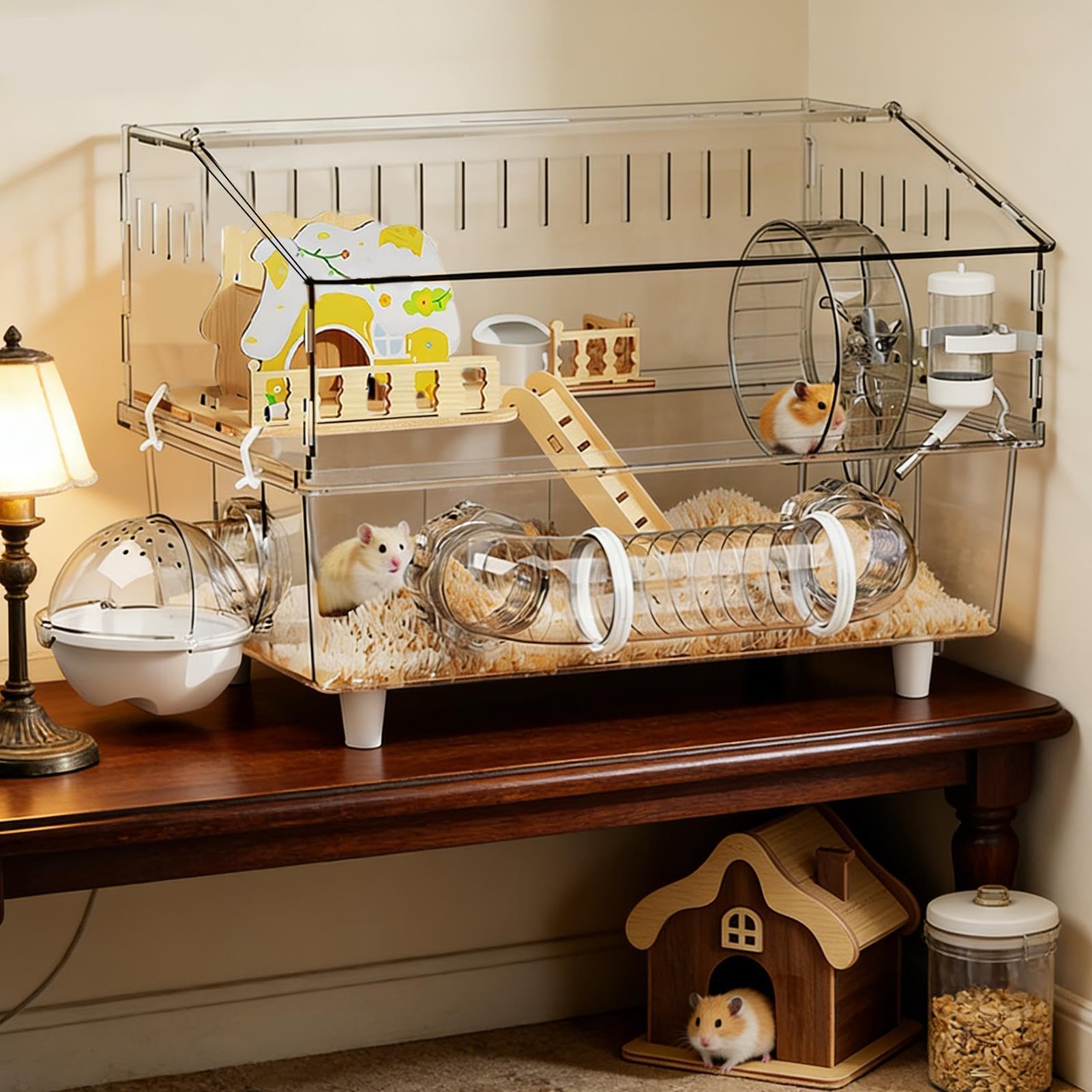 Gran Jaula para Hámster Casa Transparente de 2 Niveles para Chinchilla | Jaula para Hámster Observación de Mascotas en Casa, Interior y Exterior