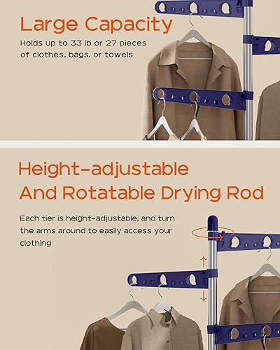 Miniatura 6 de Tendedero plegable para ropa de 70.9 pulgadas, para 35 piezas de ropa, con rieles giratorios de altura ajustable, ahorro de espacio, acero