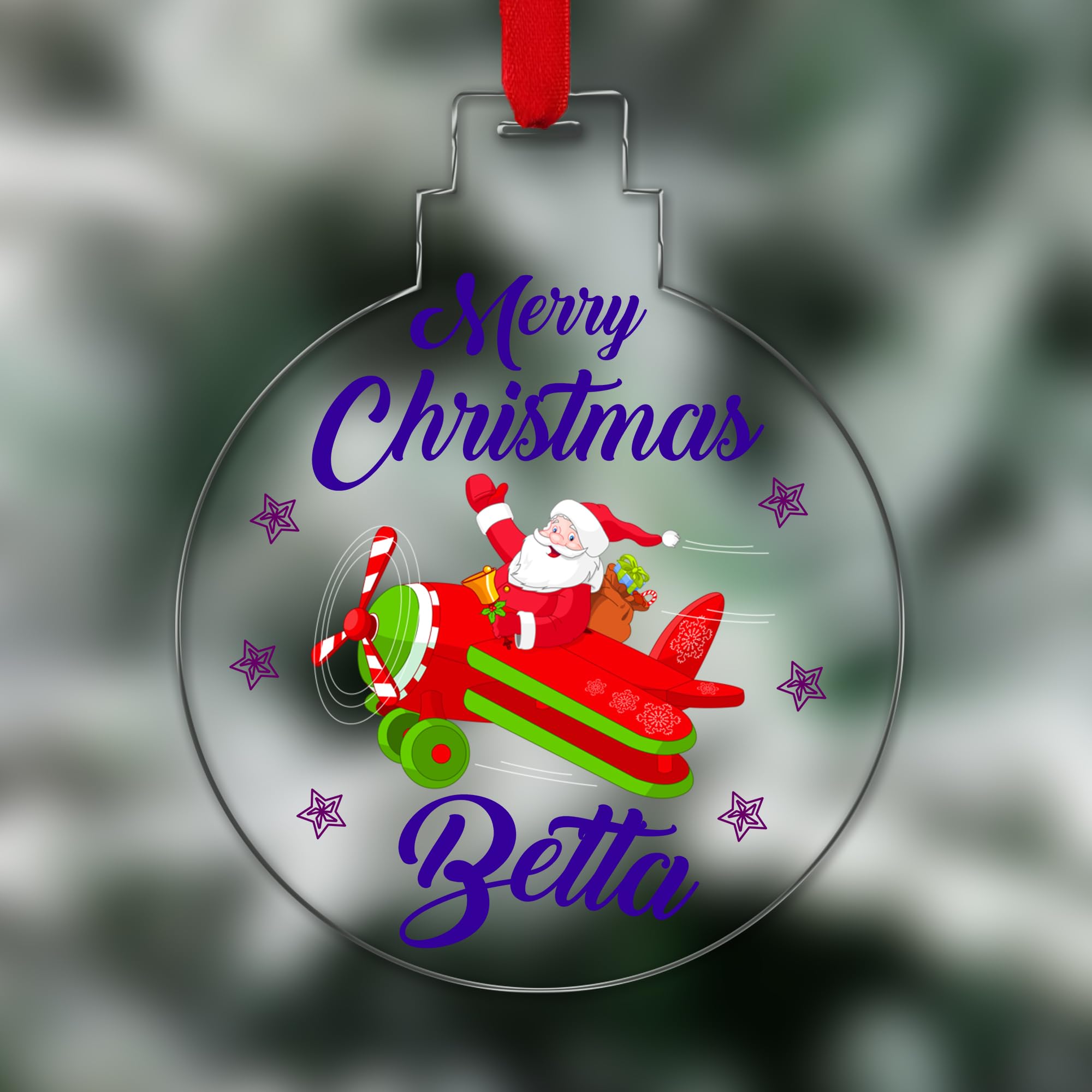 Kreatesquare Design 8 Personalised Christmas Tree Decorations Baubles With Santa On Airplane & Name | Xmas Tree Decoration Hanging Ornaments Personalised Bauble For Xmas Decorations