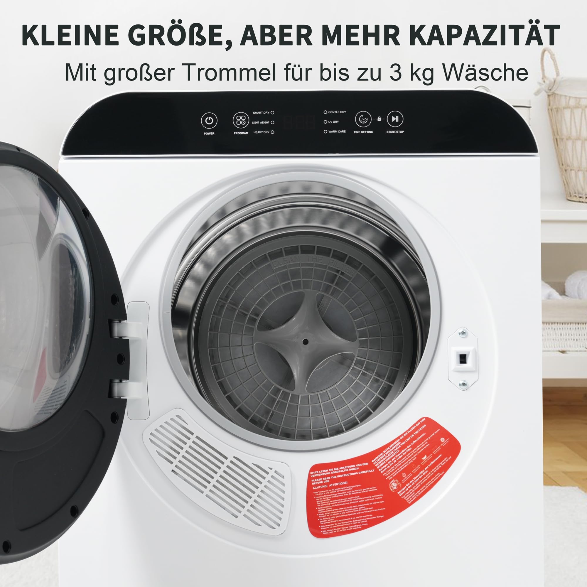 Merax Mini Wäschetrockner 3 kg (bis 4,5 kg) – Abgastrockner mit 6 Programmen, UV- & Hochtemperatur-Sterilisation, Timer 10–180 Min, Kindersicherung, Überhitzungsschutz, Wandmontage, 830 W