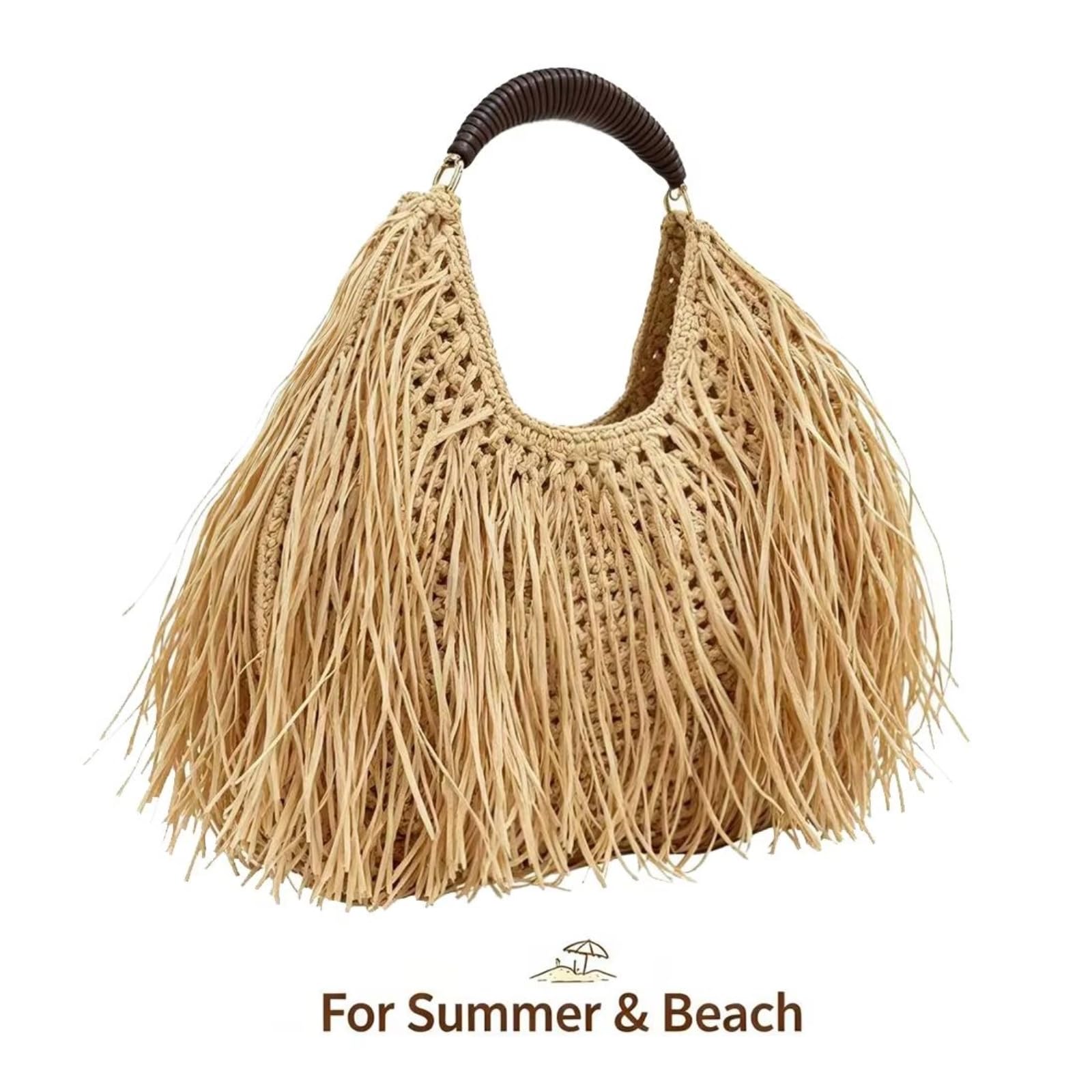 Borsa Spalla Paglia A Mano Tessuta Raffia Bohemian Grande Estate Carryall Vacanze sul Mare-Brown
