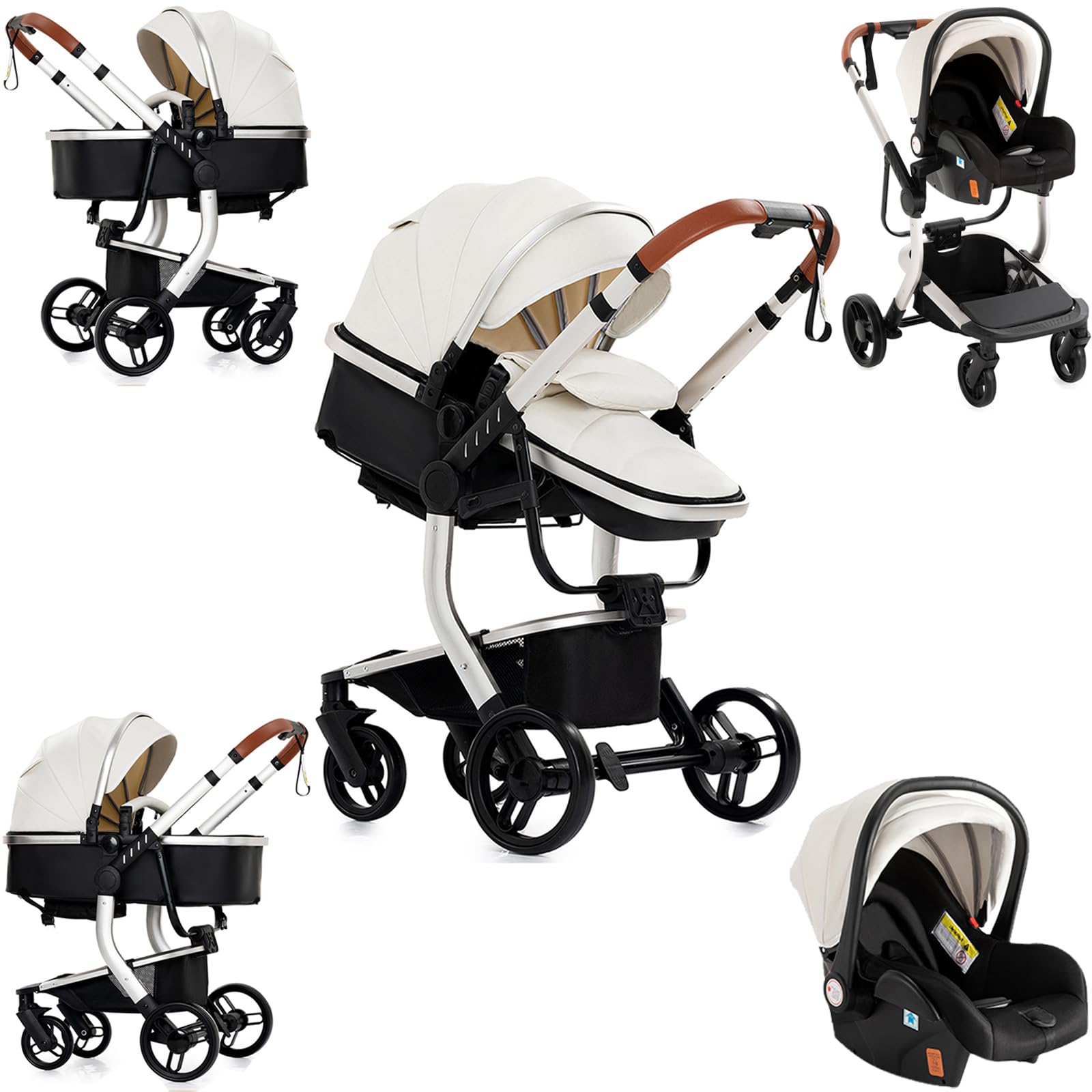 Sianldcone Pelle PU Passeggino 3 in 1 Trio Neonati, Tessuti di Alta Qualità Carrozzina per Neonato, Spinta Bidirezionale Passeggino Reversibile, Visione Aperta Passeggino Trolley (518 White)